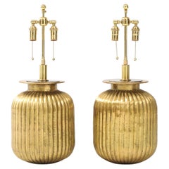 Pair of Large Fluted Aged Brass Lamps.
