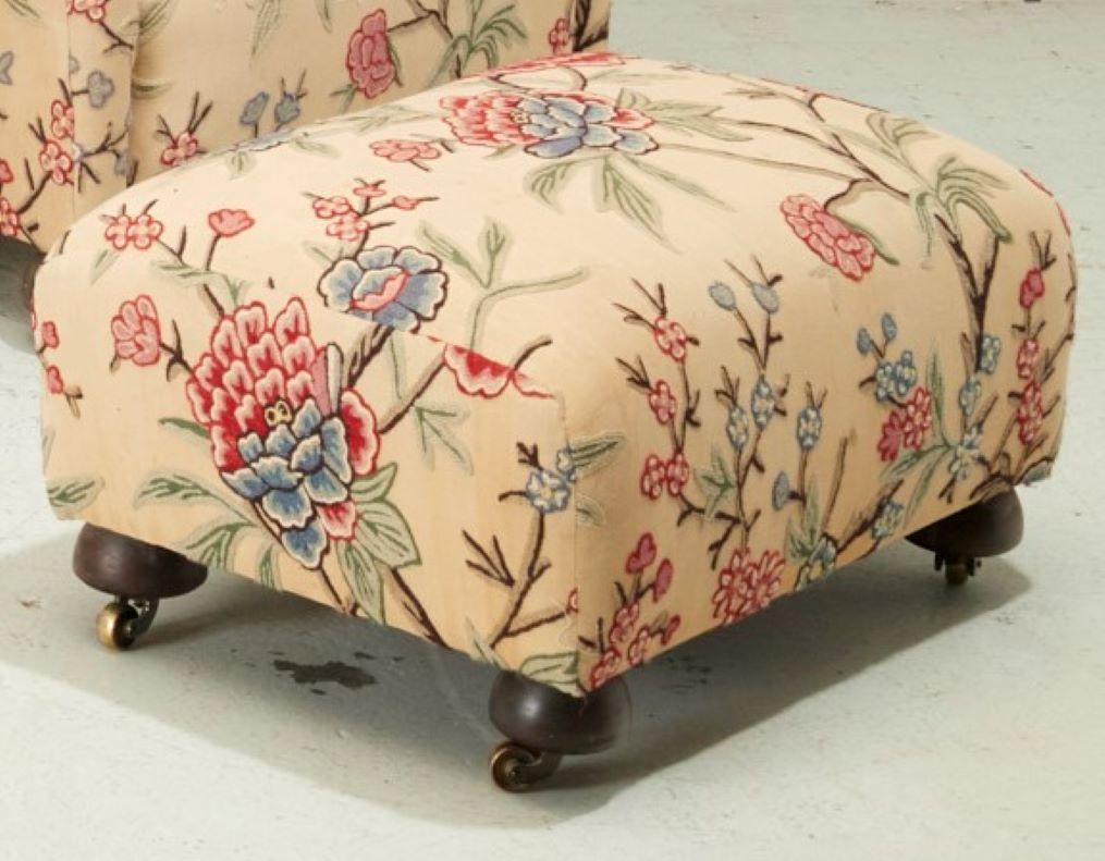 Victorian Pair of Large Format Floral Crewel Work Lounge Chairs and Matching Ottoman