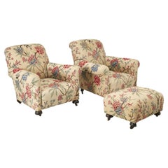 Pair of Large Format Floral Crewel Work Lounge Chairs and Matching Ottoman