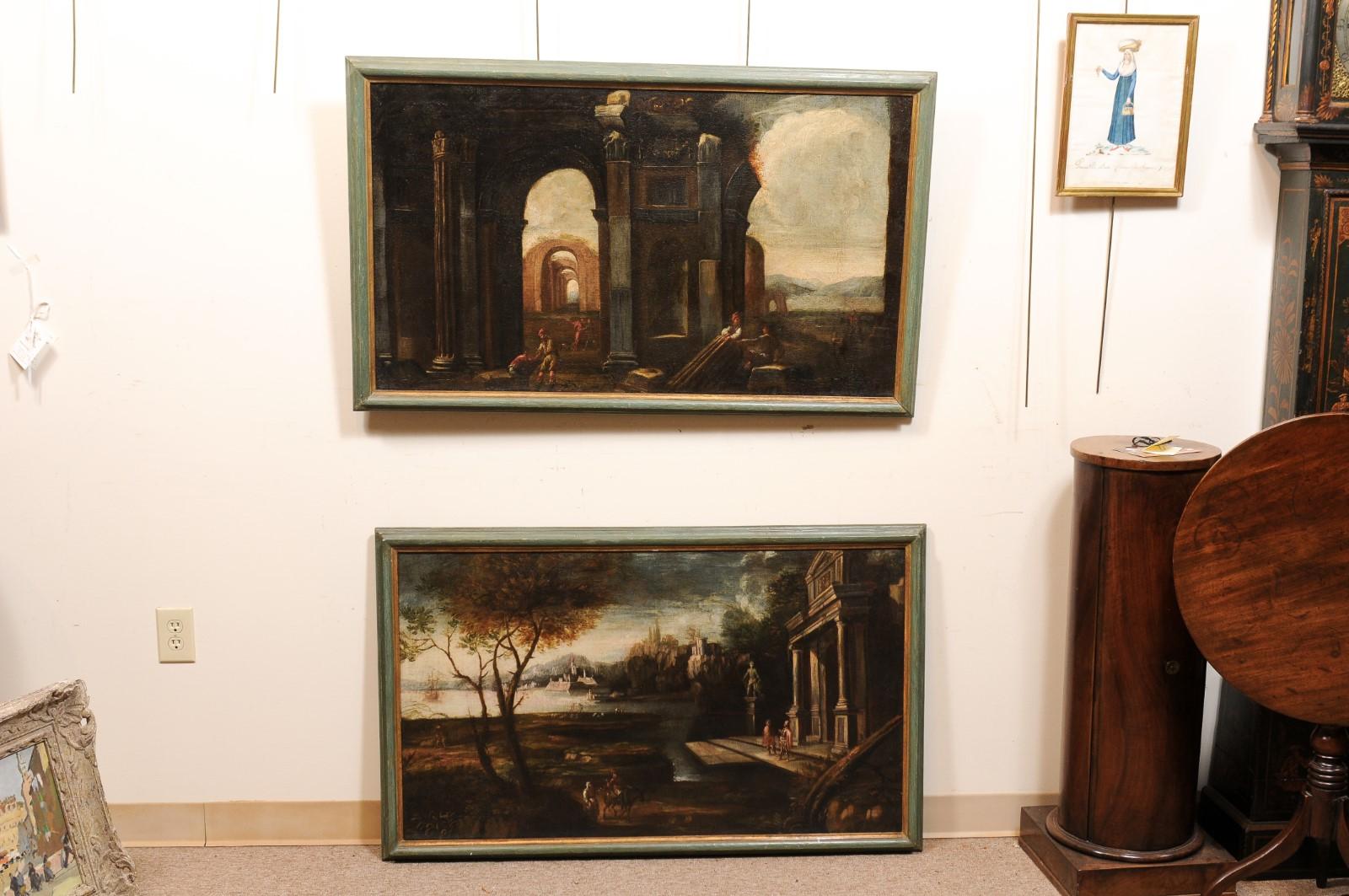 Pair of Large Framed 18th Century Italian Oil on Canvas Paintings of Classical Scenes