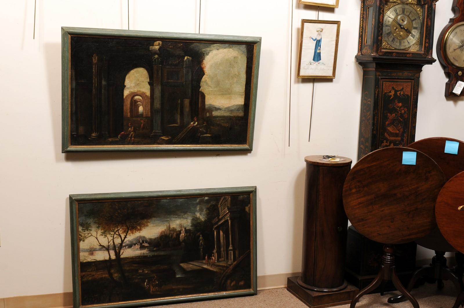 Pair of Large Framed 18th Century Italian Oil on Canvas Paintings  In Fair Condition For Sale In Atlanta, GA