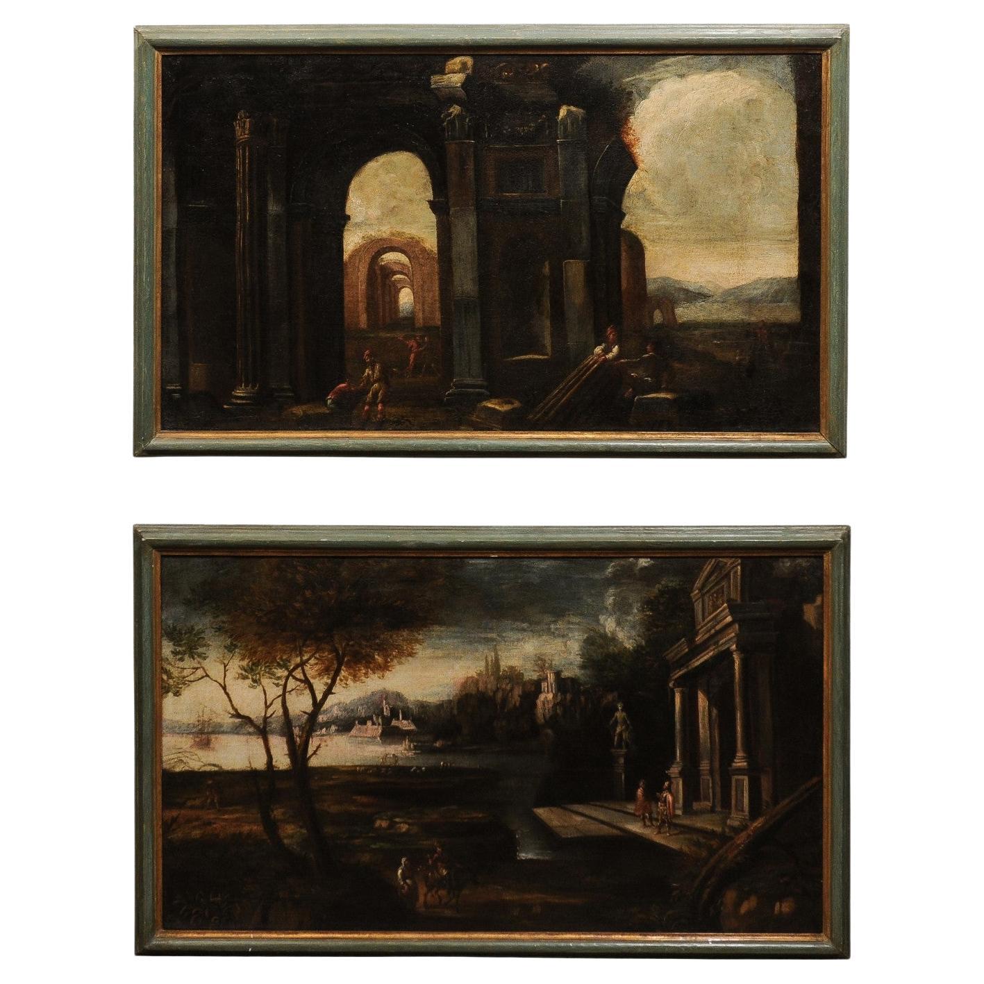 Paire de grandes peintures italiennes sur toile du 18ème siècle encadrées  en vente