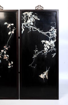 Pair of Large Framed Chinese Black Lacquer Mother Of Pearl Relief Hanging Panels