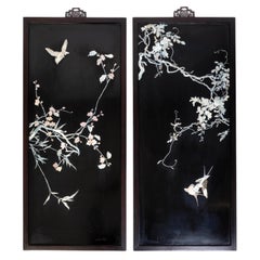 Pair of Large Framed Chinese Black Lacquer Mother Of Pearl Relief Hanging Panels