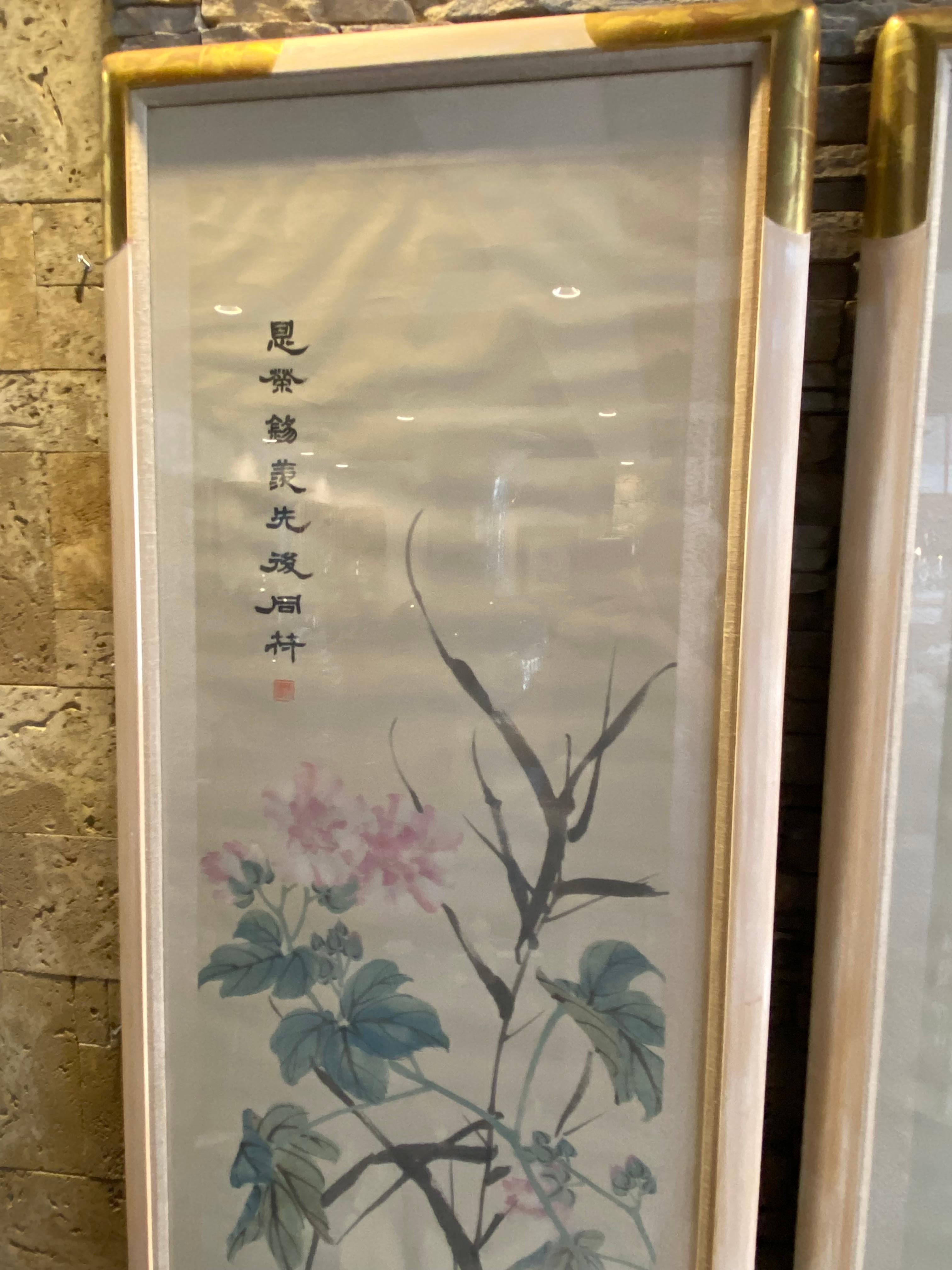 Chinese Pair of Large Mid-Century Framed Asian Watercolors  For Sale