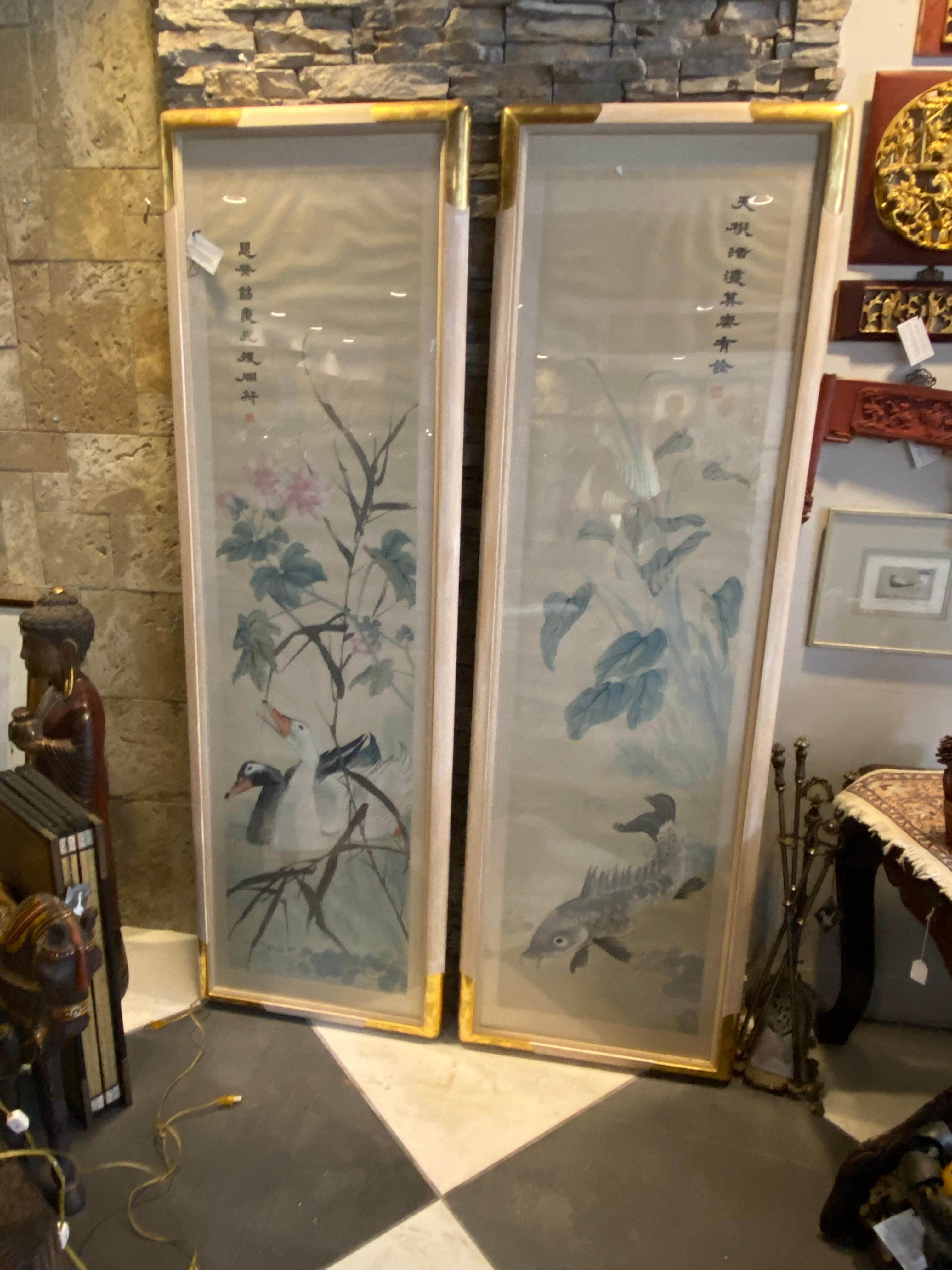 Hand-Painted Pair of Large Mid-Century Framed Asian Watercolors  For Sale