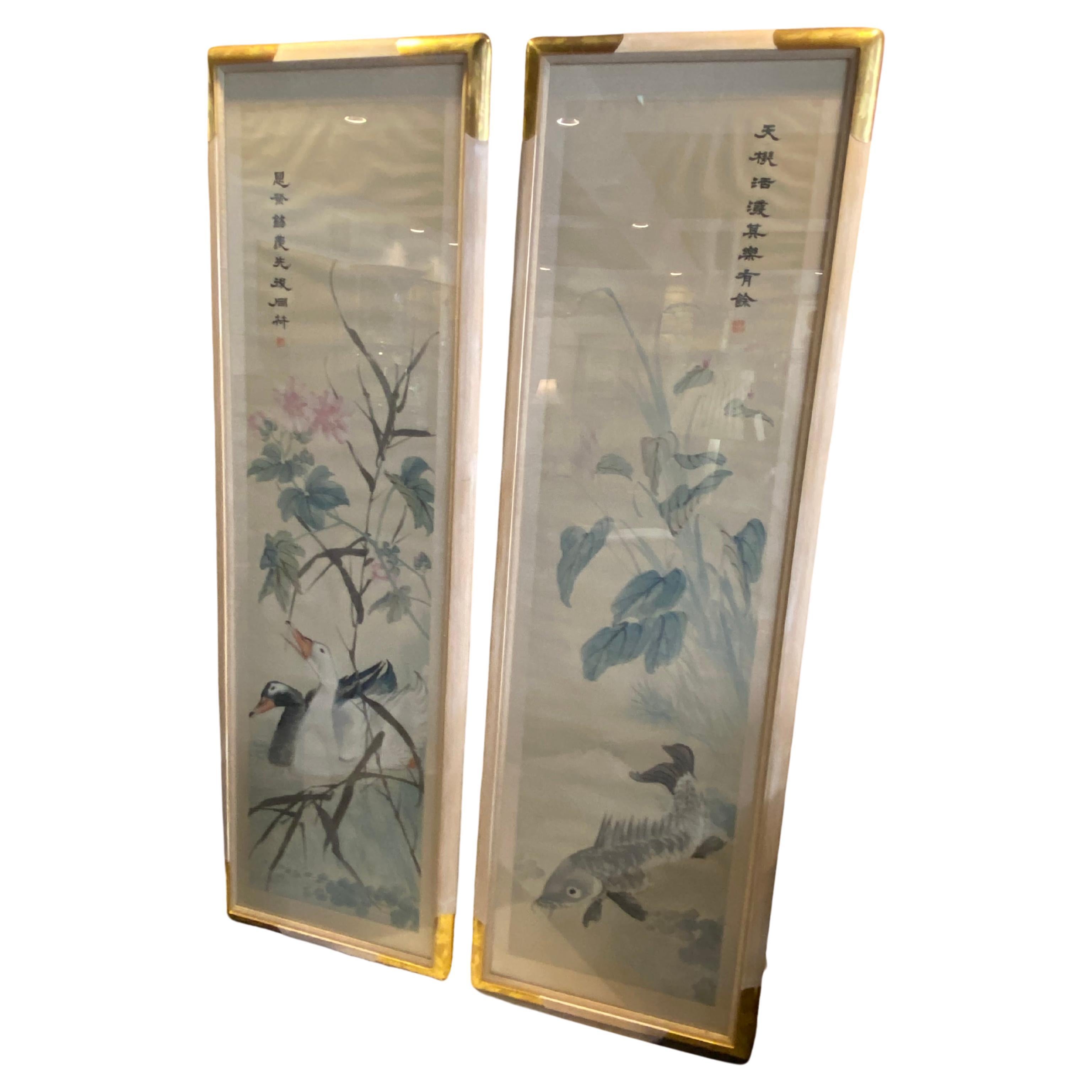Pair of Large Mid-Century Framed Asian Watercolors  For Sale