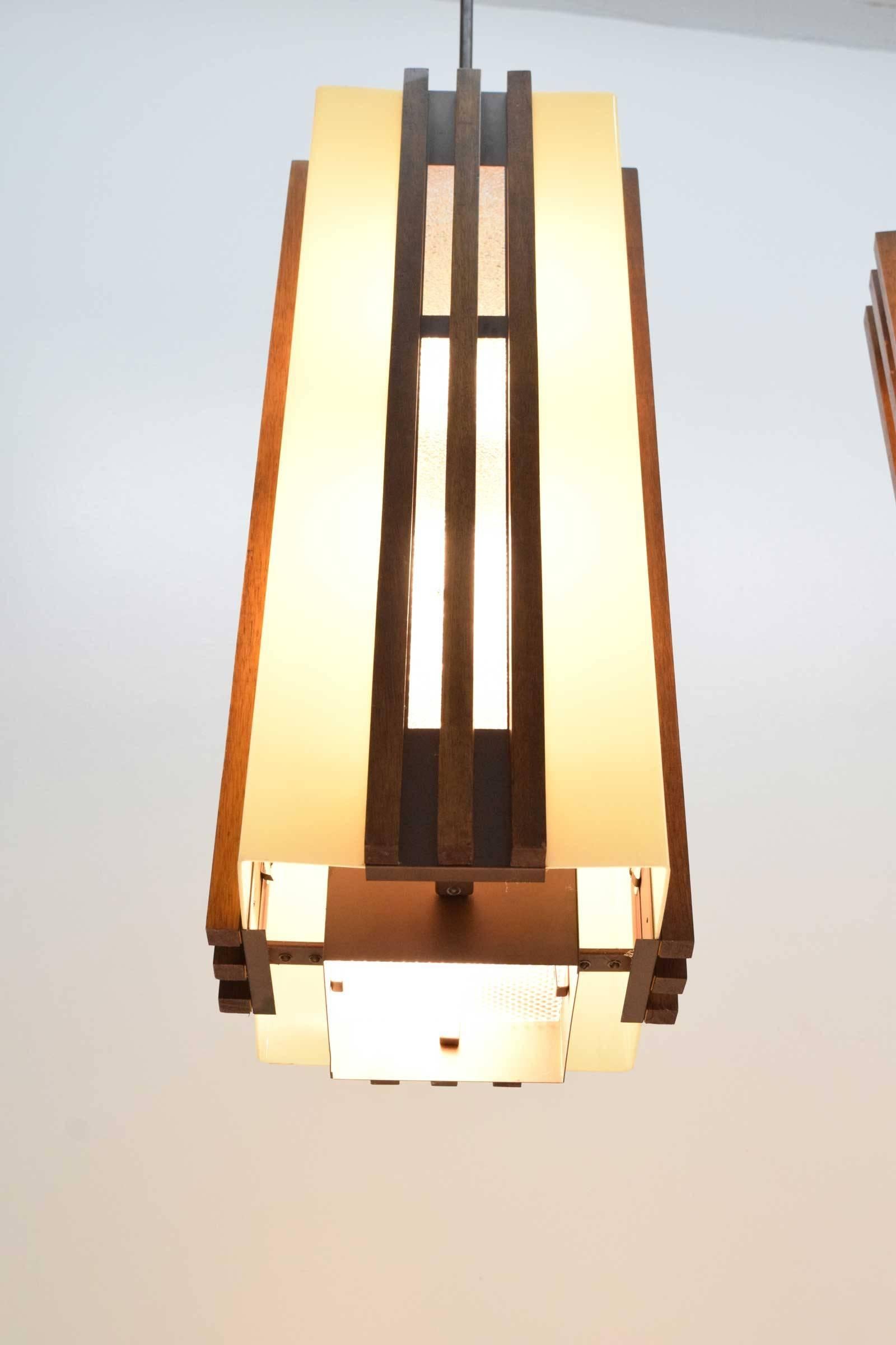 Mid-Century Modern Pair of Large Frank Lloyd Wright Style Chandeliers/Pendants