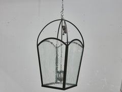 Pair of Large French 1900s Iron Lanterns with Rippled Glass, Rewired for USA