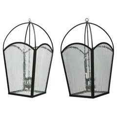 Pair of Large French 1900s Iron Lanterns with Rippled Glass, Rewired for USA