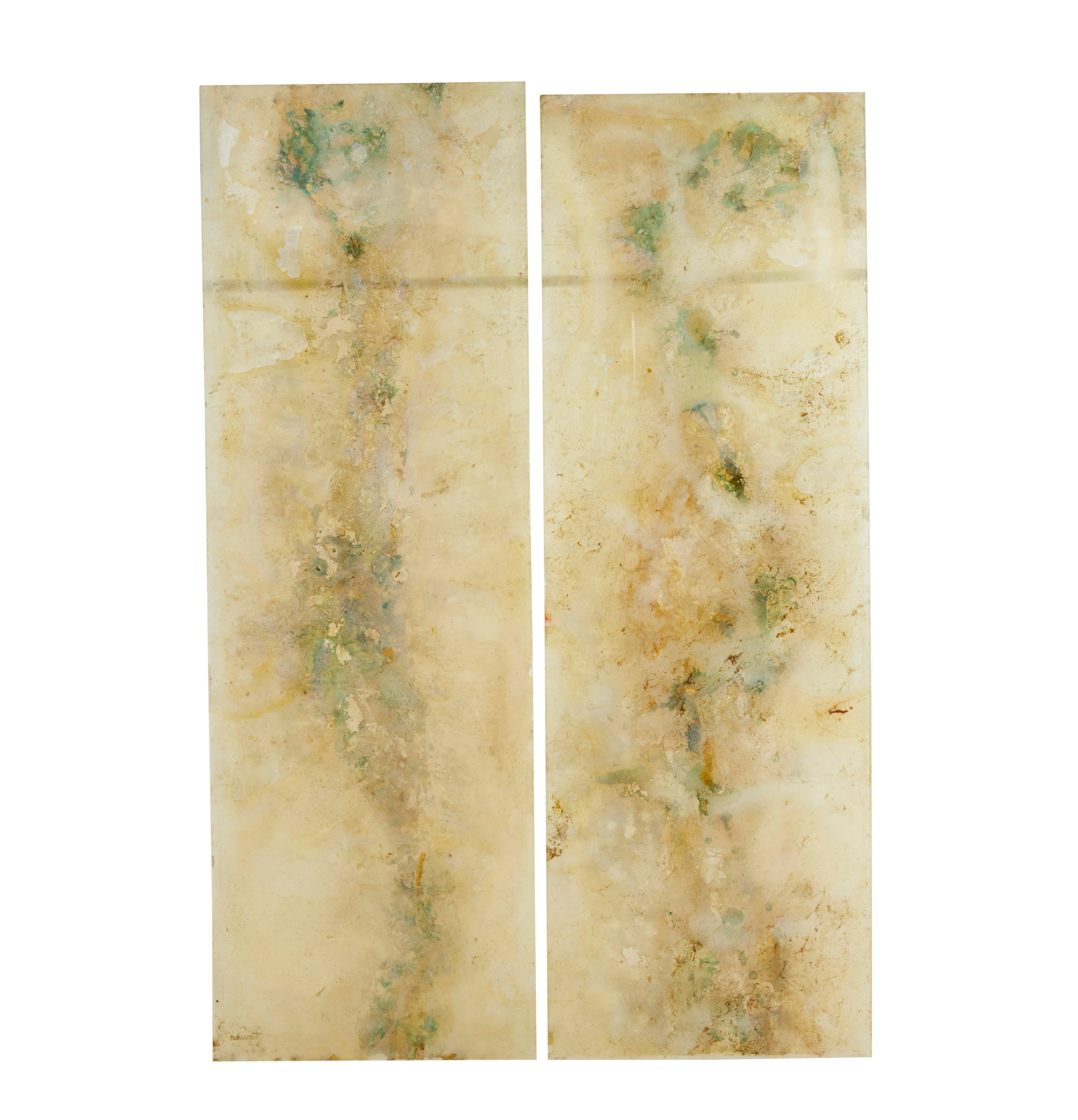 Pair of large french 1950’s acrylic abstract panels circa 1950.

Here we offer an ideal opportunity to create an installation piece. Without back lighting these panels have a appearance like marble, so they are smooth on one side and media is