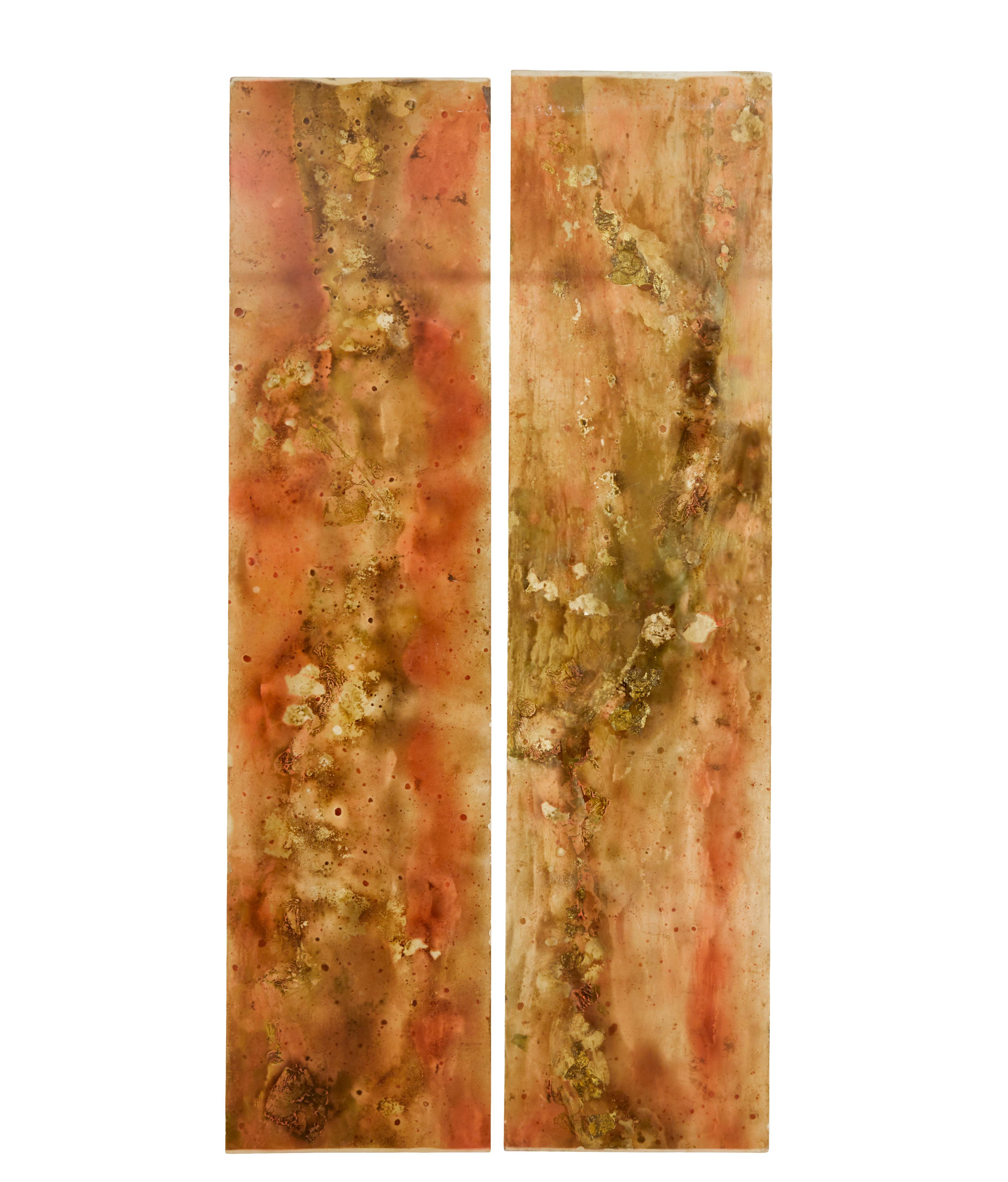 Pair of large French 1950’s acrylic abstract panels gold leaf In Good Condition For Sale In Debenham, Suffolk
