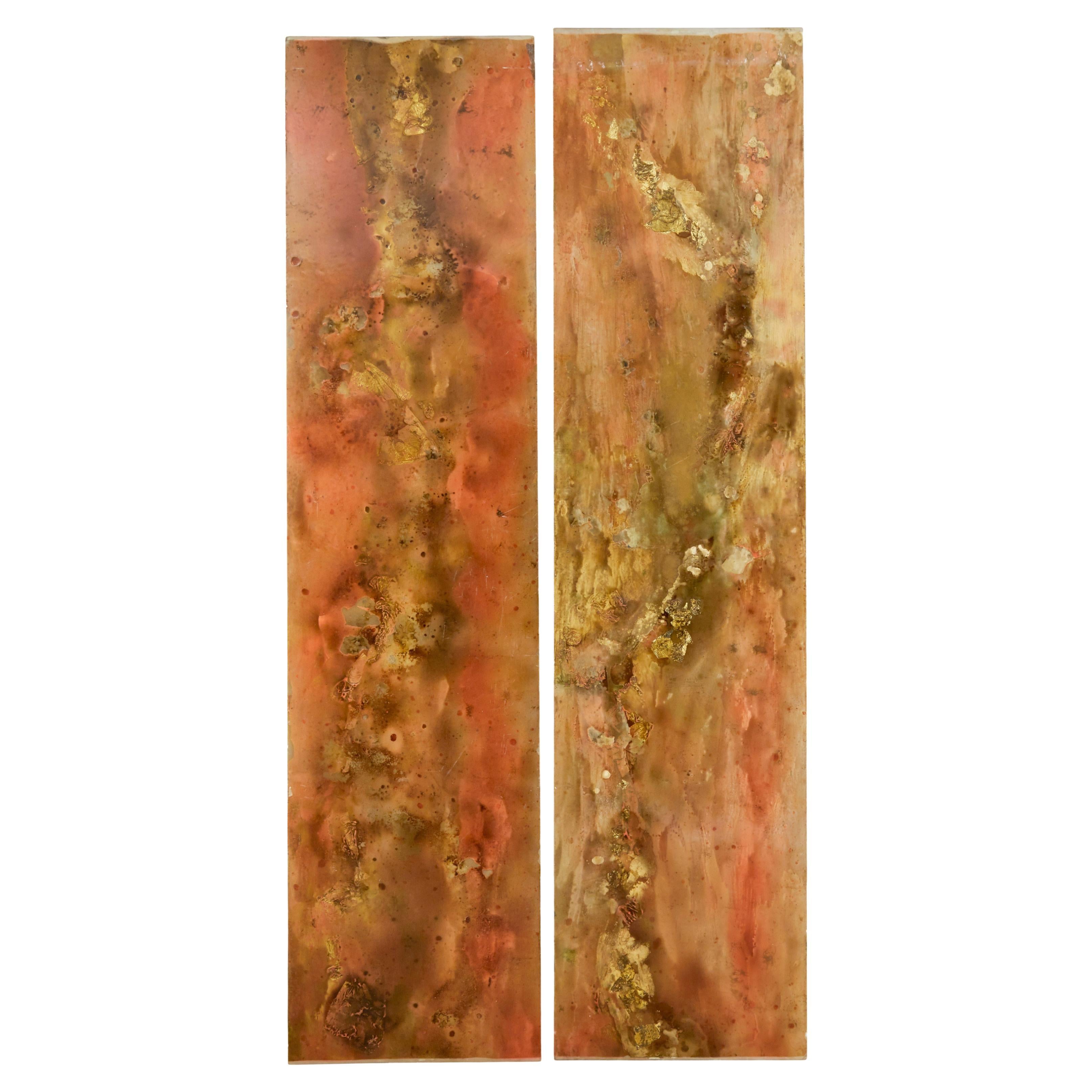 Pareja de grandes paneles abstractos acrílicos franceses de los años 50 pan de oro