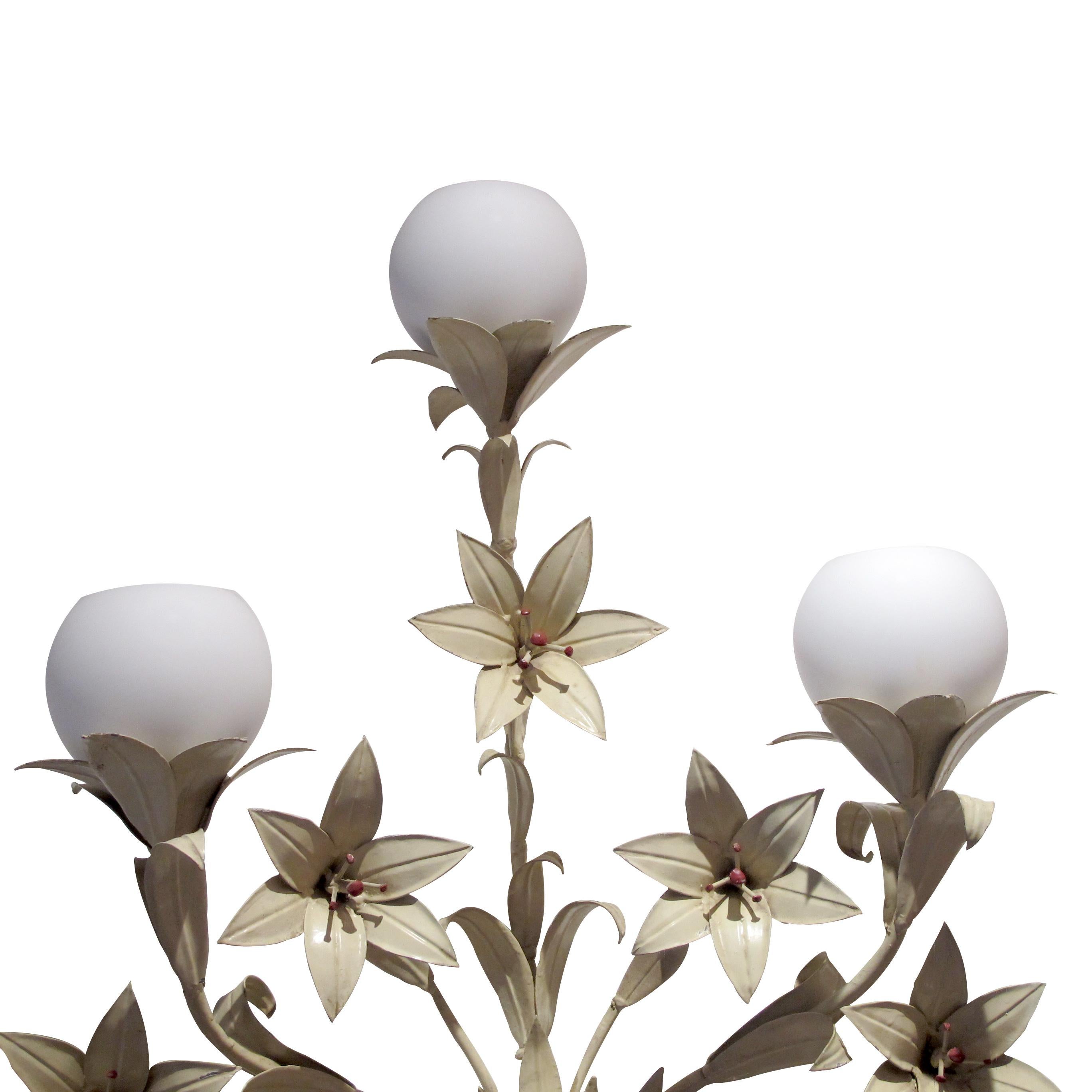 Mid-Century Modern Pair of Large French 1950s Toleware Lilies Wall light with Opaque Glass Shades 