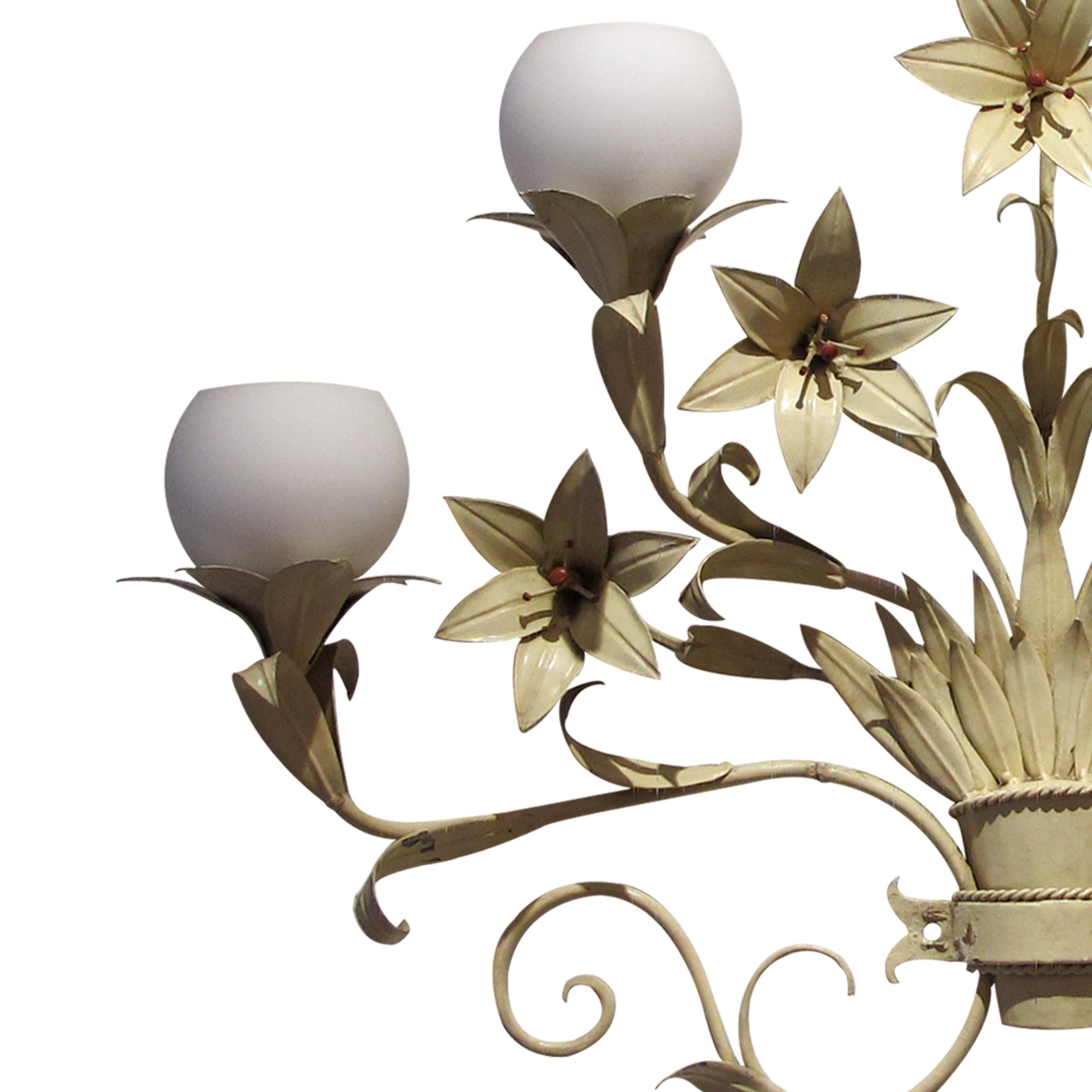 Painted Pair of Large French 1950s Toleware Lilies Wall light with Opaque Glass Shades 