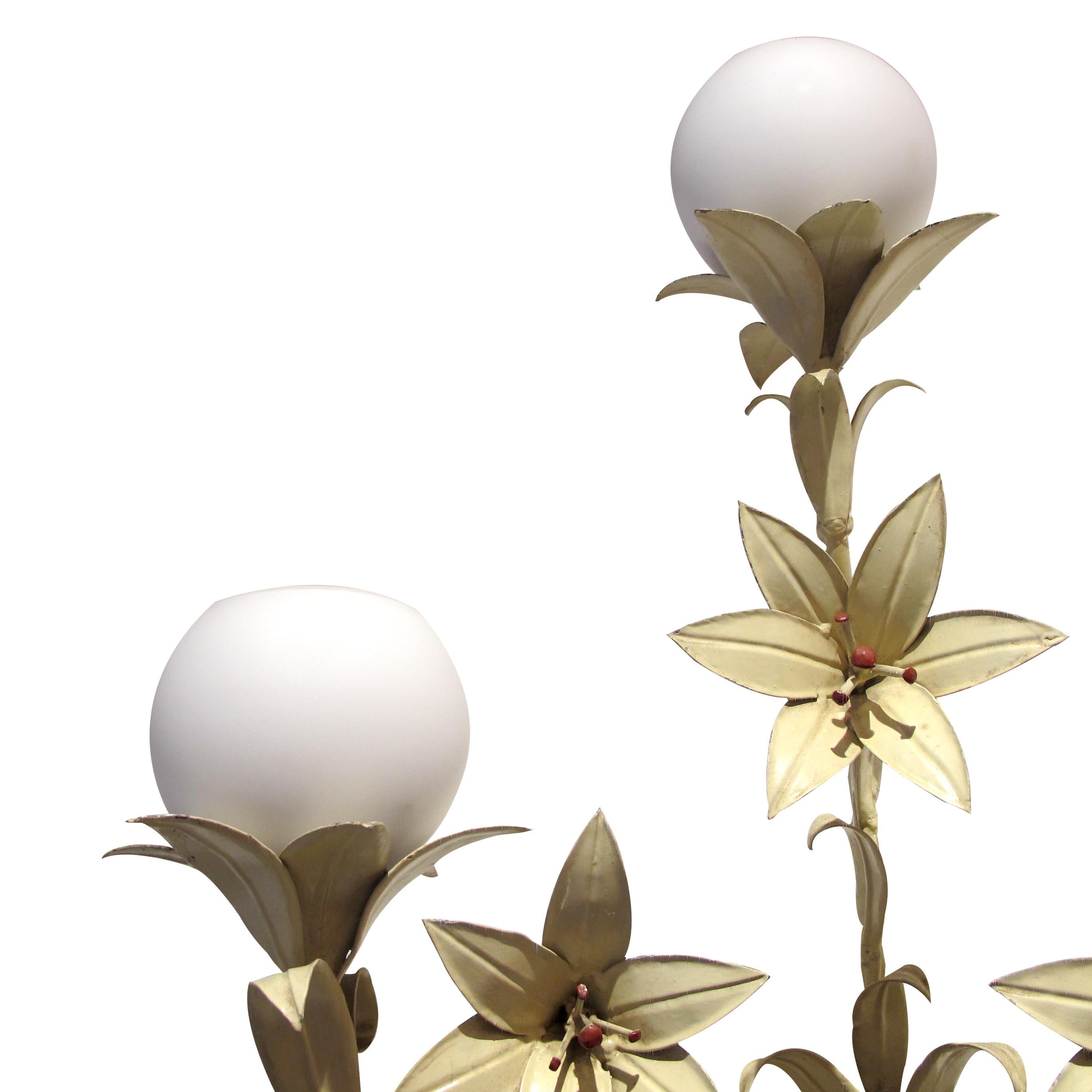 Pair of Large French 1950s Toleware Lilies Wall light with Opaque Glass Shades  In Good Condition In London, GB