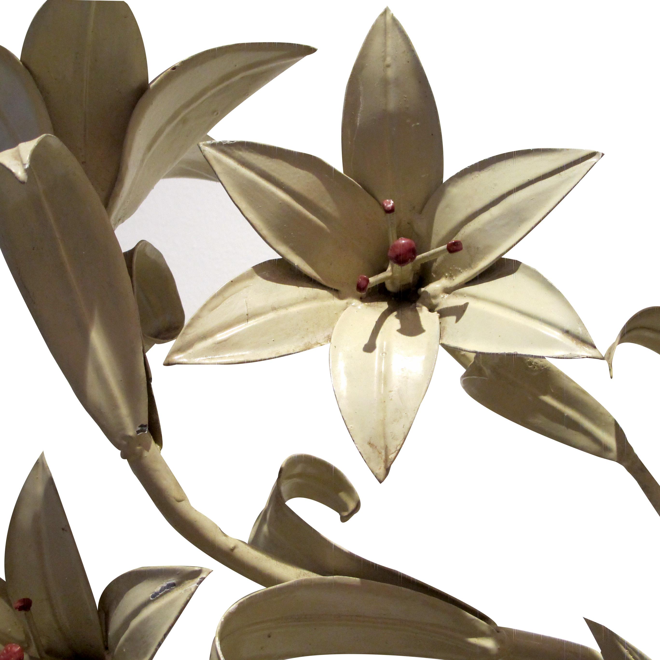 Metal Pair of Large French 1950s Toleware Lilies Wall light with Opaque Glass Shades 