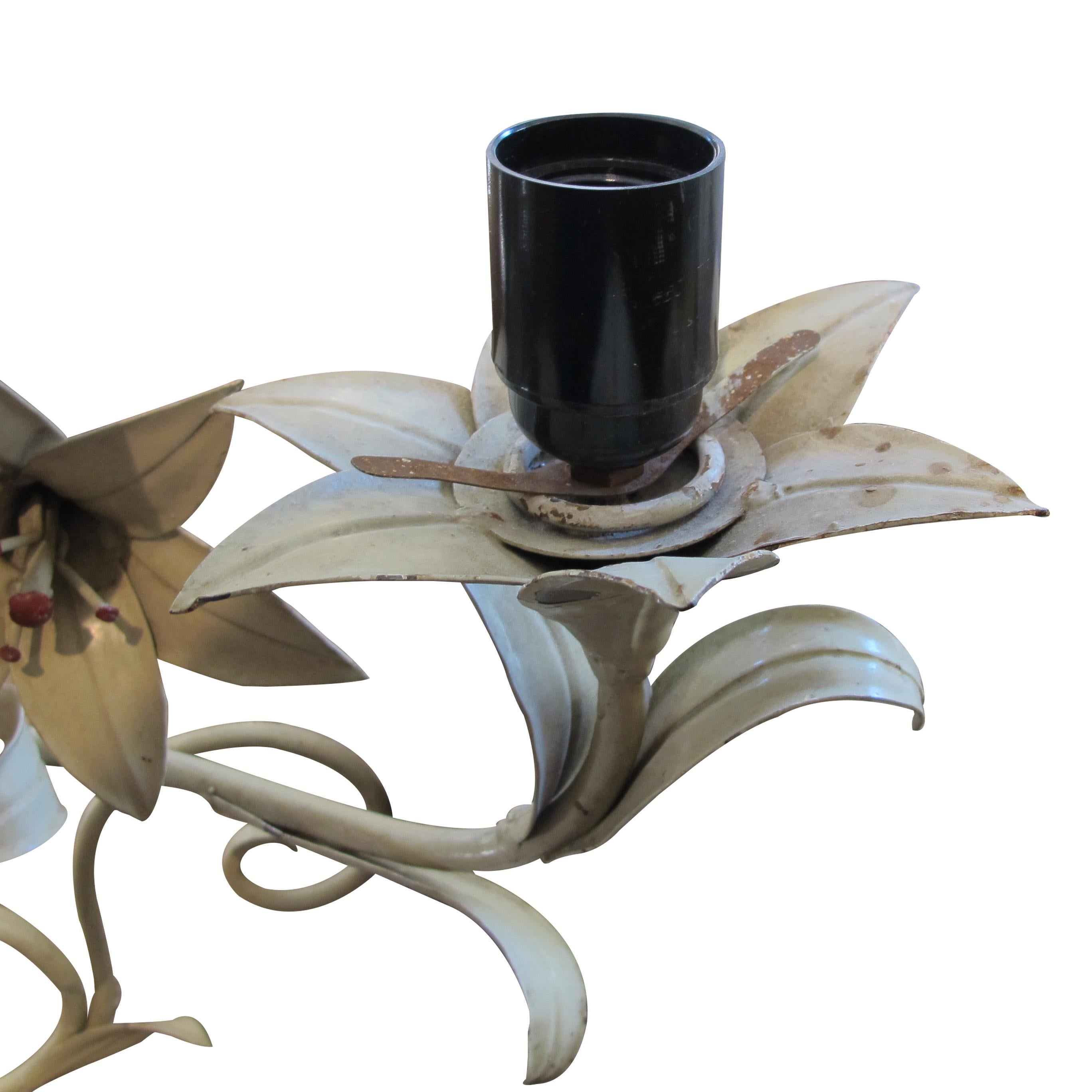 Pair of Large French 1950s Toleware Lilies Wall light with Opaque Glass Shades  1