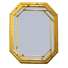 Pair of Large French 1970s Hexagonal Geometric Bamboo Framed Wall Mirrors