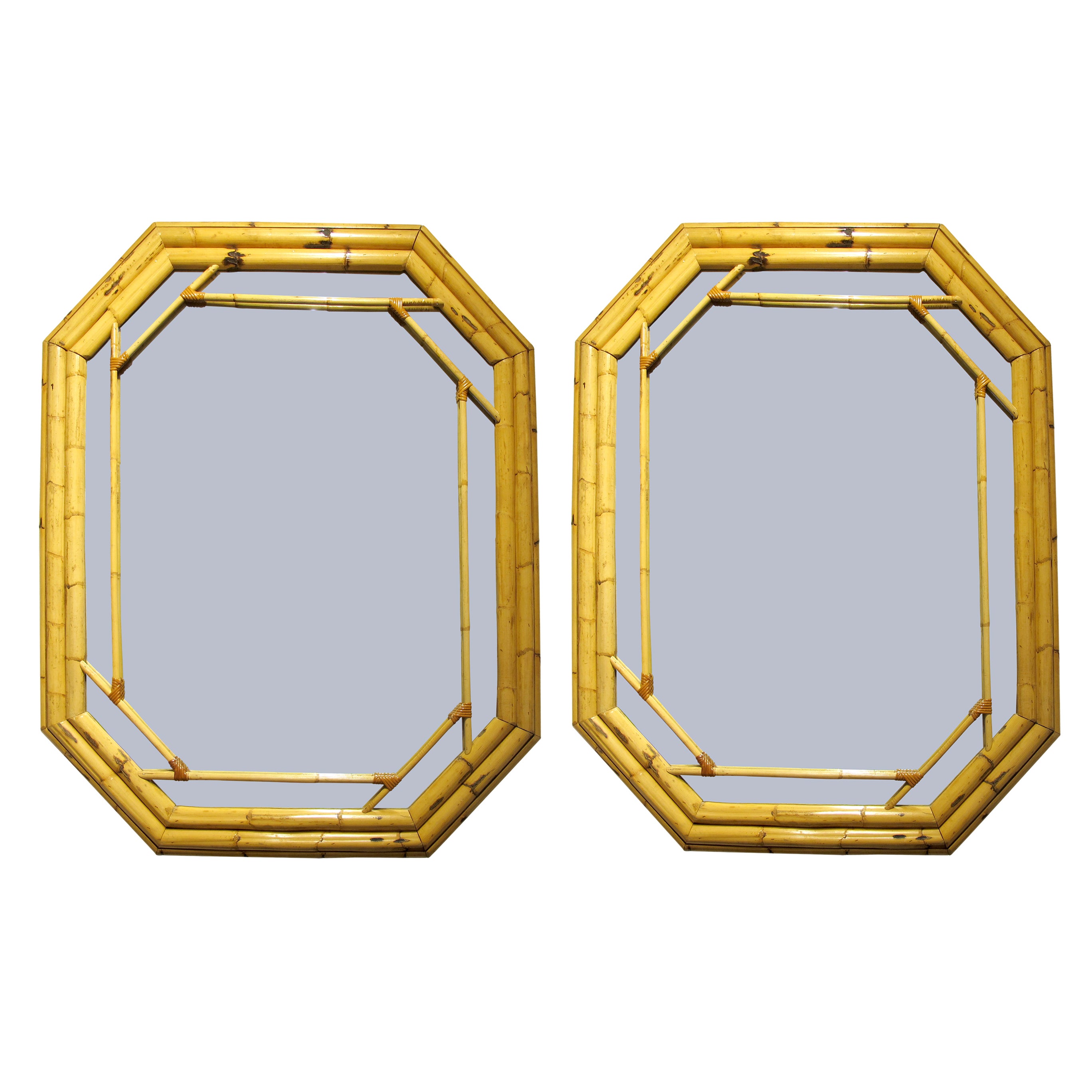 Pair of Large French 1970s Hexagonal Geometric Bamboo Framed Wall Mirrors