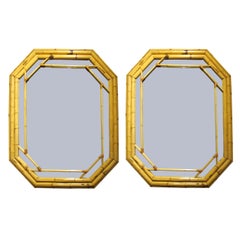 Vintage Pair of Large French 1970s Hexagonal Geometric Bamboo Framed Wall Mirrors