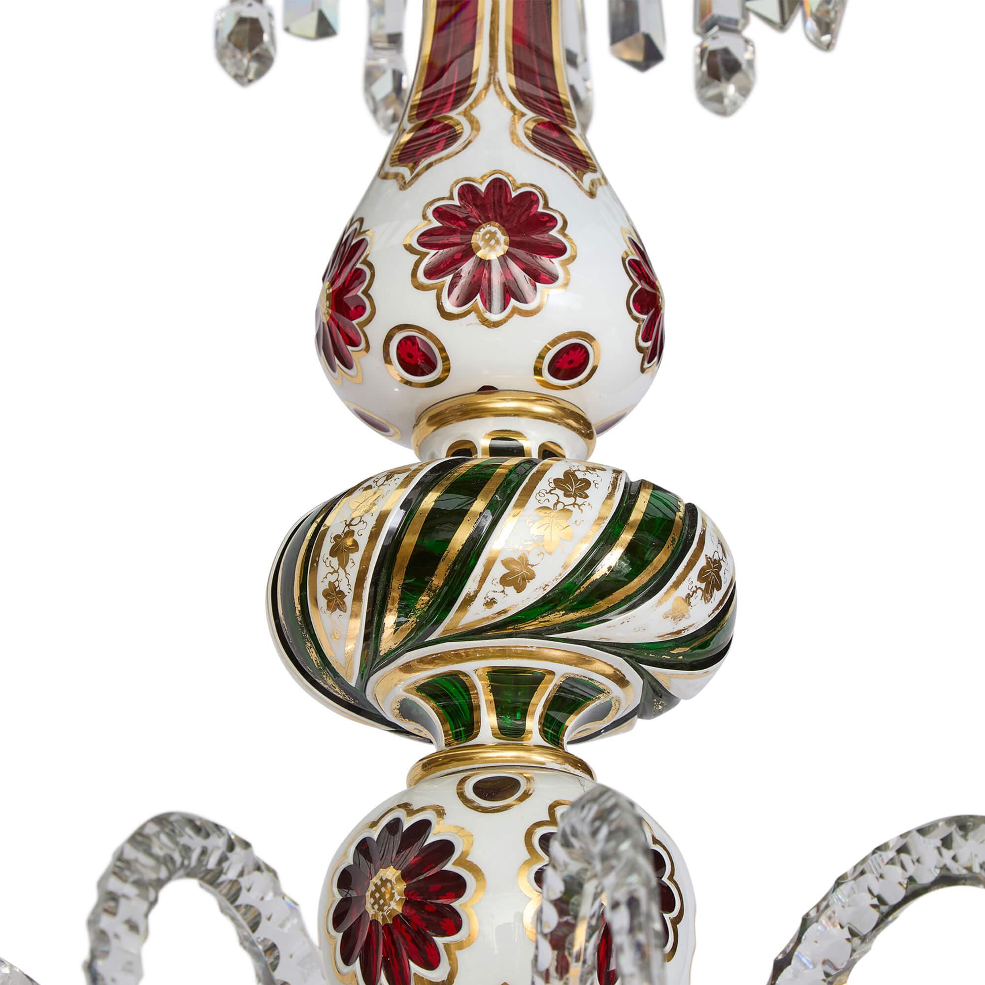 Belle Époque Pair of Large French Antique Overlay Glass Chandeliers by Baccarat For Sale