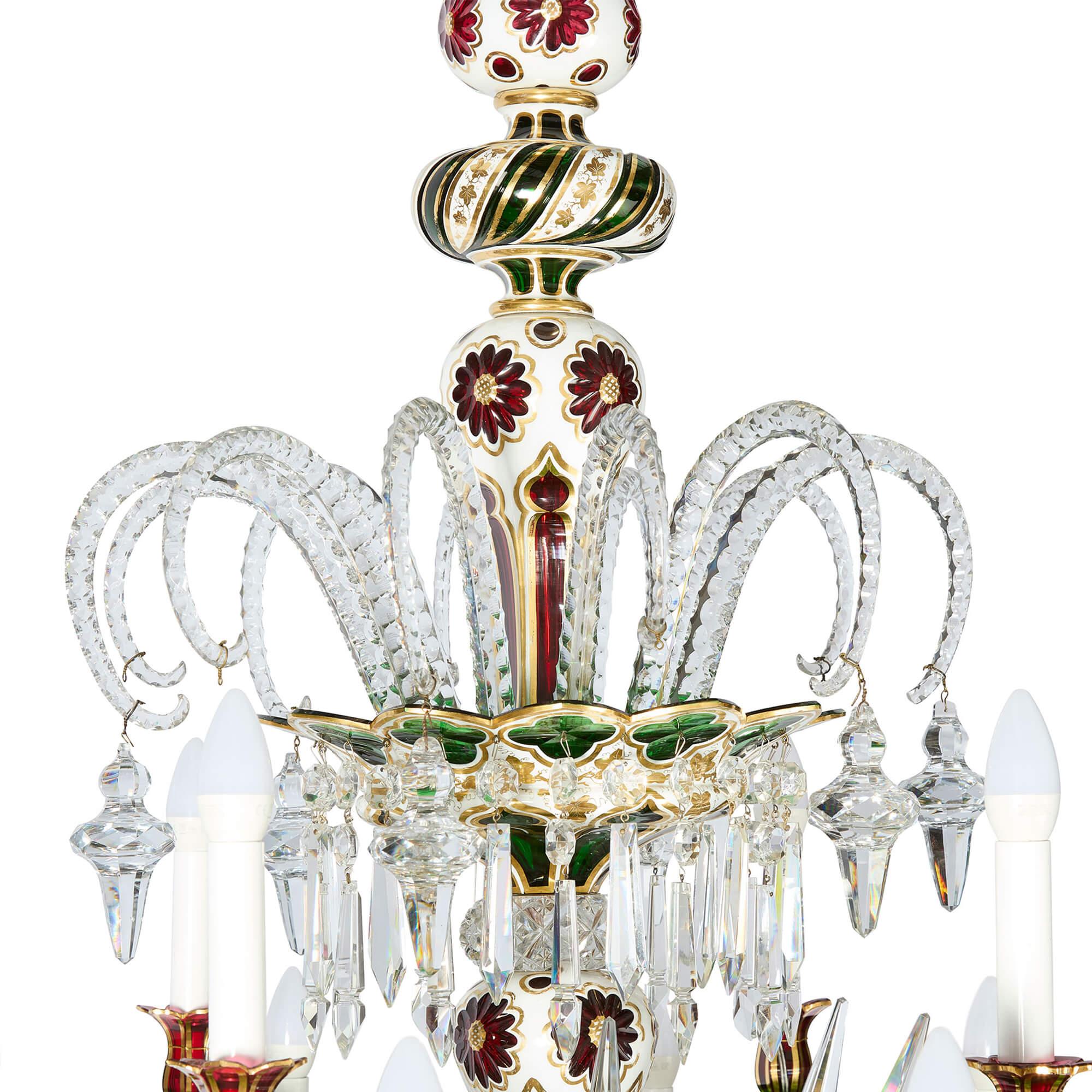 Gilt Pair of Large French Antique Overlay Glass Chandeliers by Baccarat For Sale
