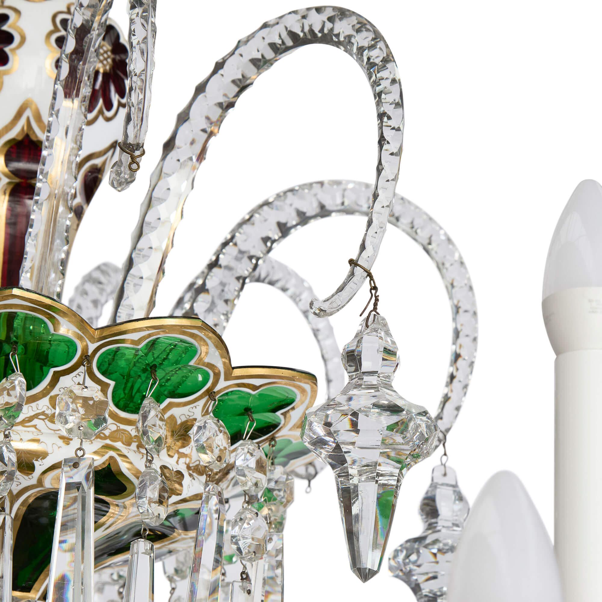 19th Century Pair of Large French Antique Overlay Glass Chandeliers by Baccarat For Sale