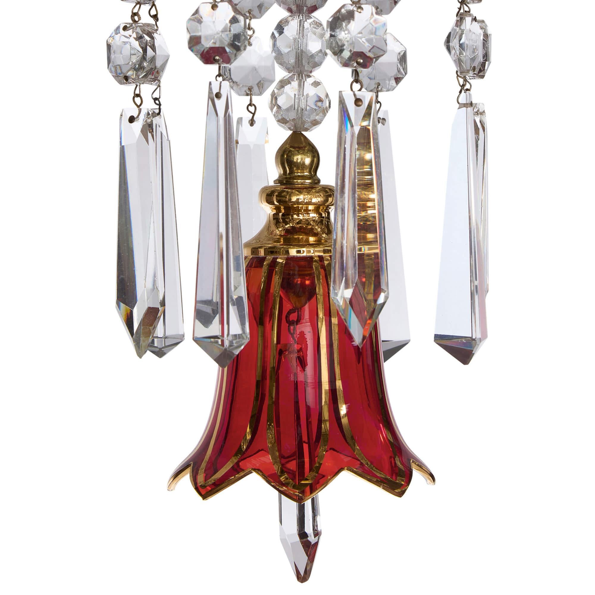 Pair of Large French Antique Overlay Glass Chandeliers by Baccarat For Sale 1