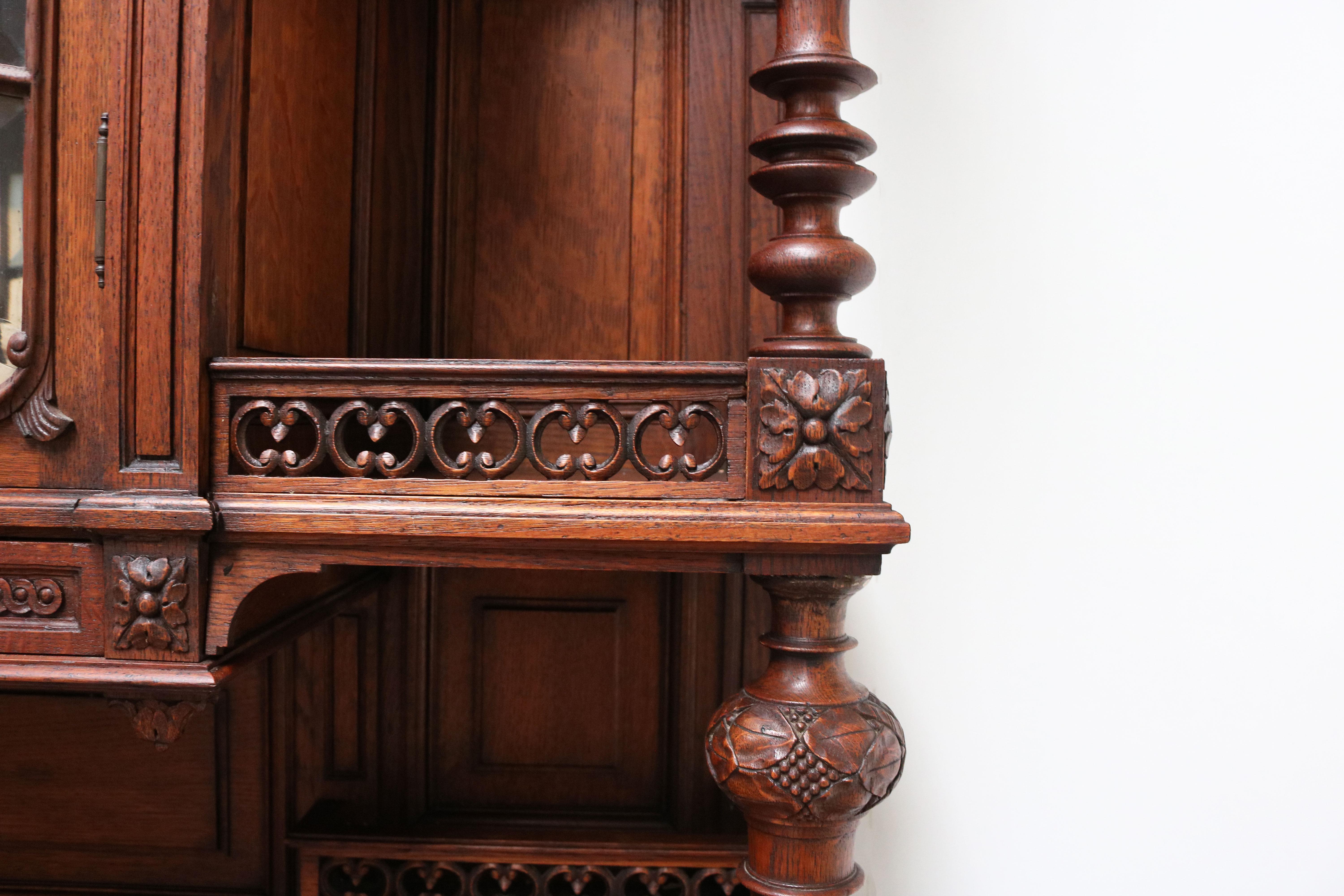 Pair of Large French Antique Renaissance Revival Buffet Cabinet Oak 19th Century For Sale 2
