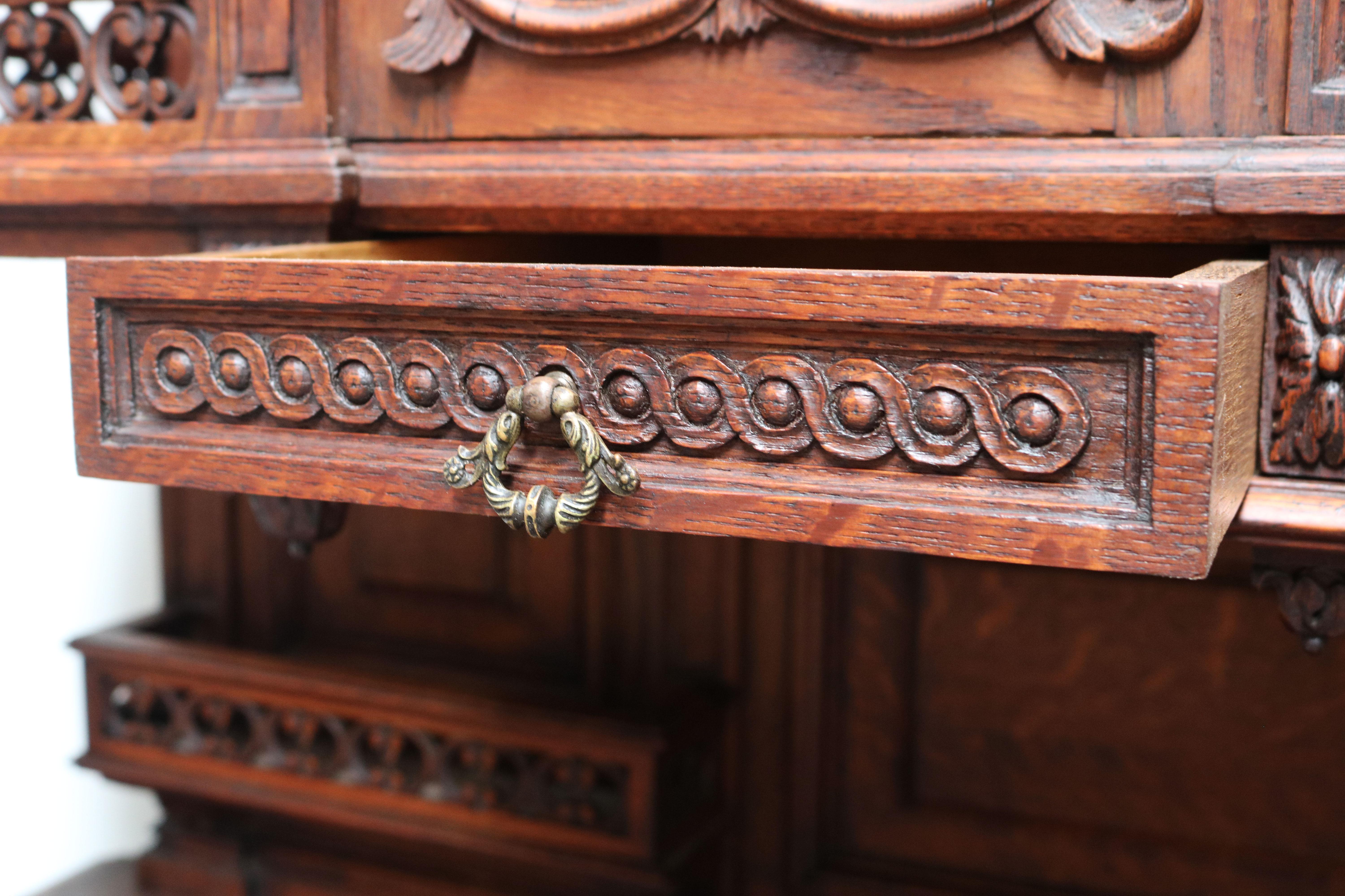 Pair of Large French Antique Renaissance Revival Buffet Cabinet Oak 19th Century For Sale 4