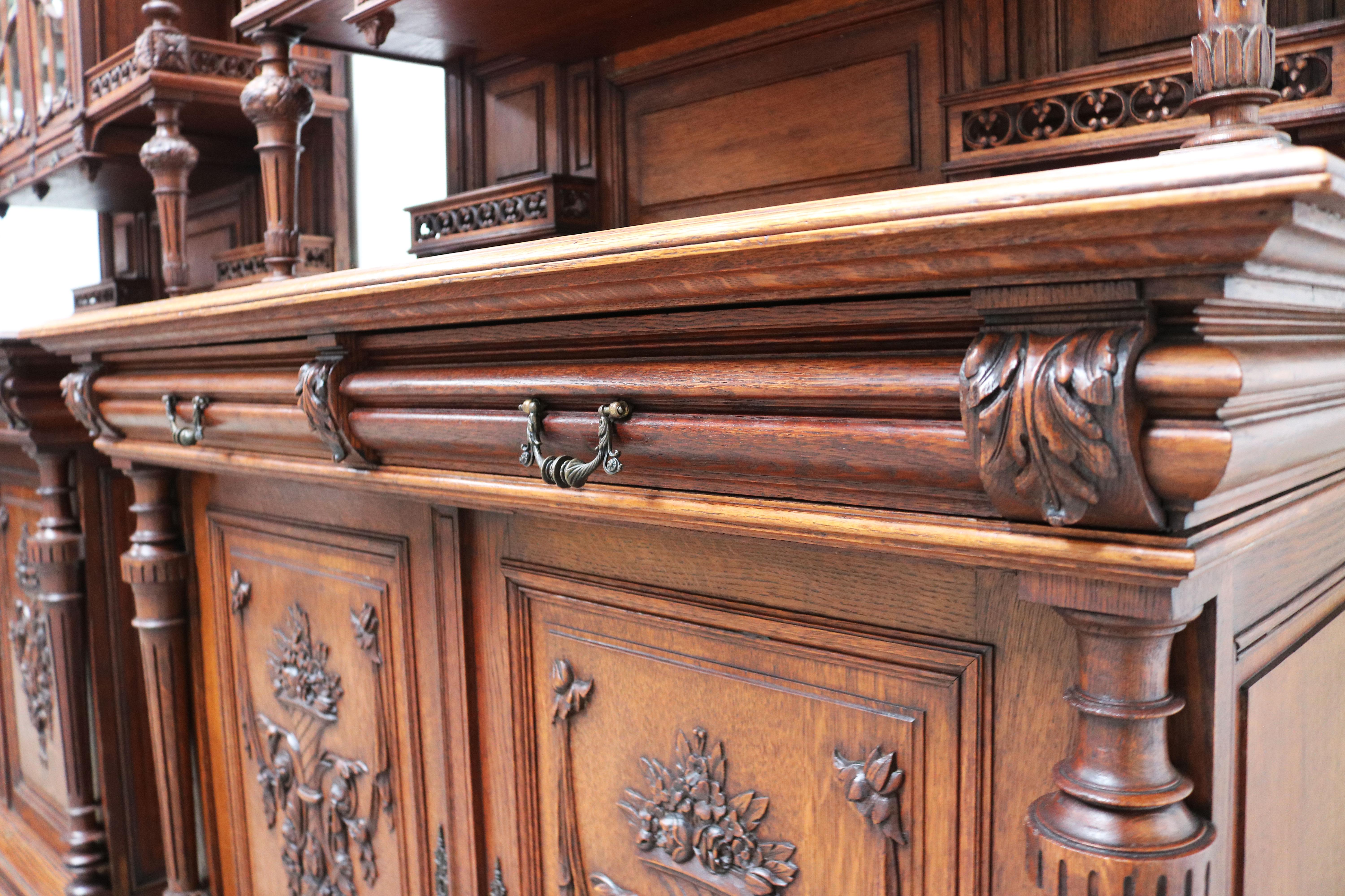 Pair of Large French Antique Renaissance Revival Buffet Cabinet Oak 19th Century For Sale 6