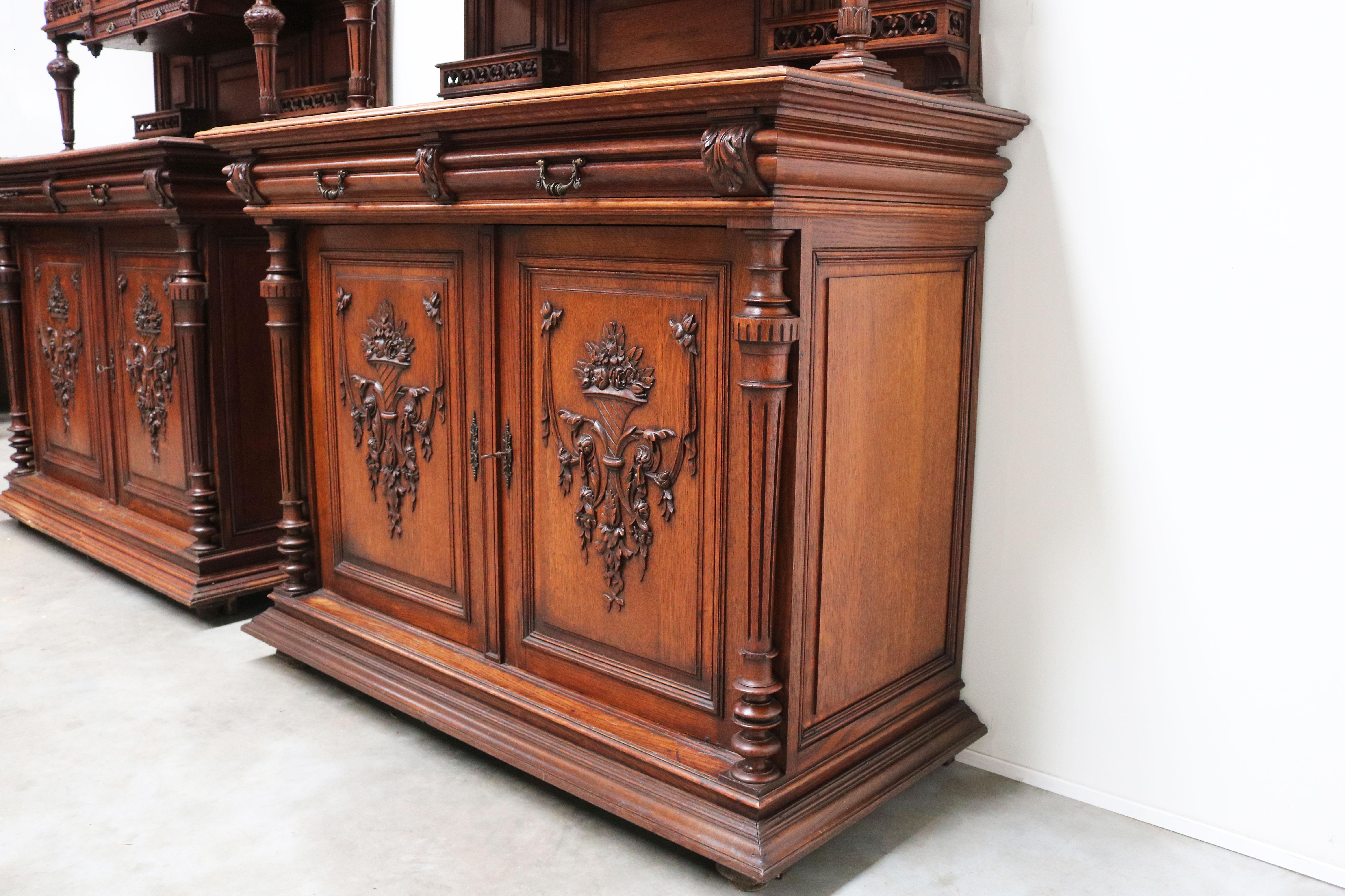 Pair of Large French Antique Renaissance Revival Buffet Cabinet Oak 19th Century For Sale 7