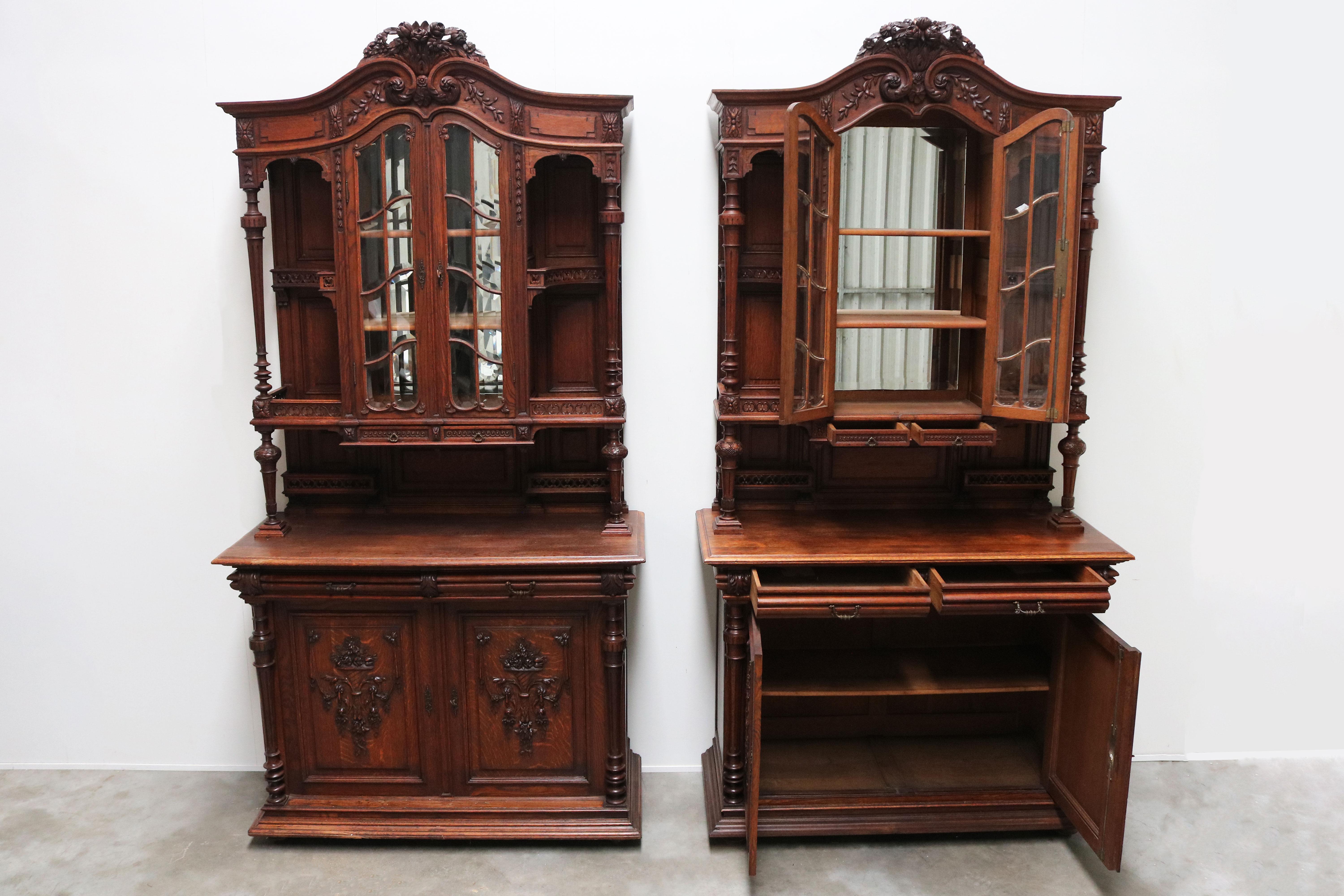 Pair of Large French Antique Renaissance Revival Buffet Cabinet Oak 19th Century For Sale 9