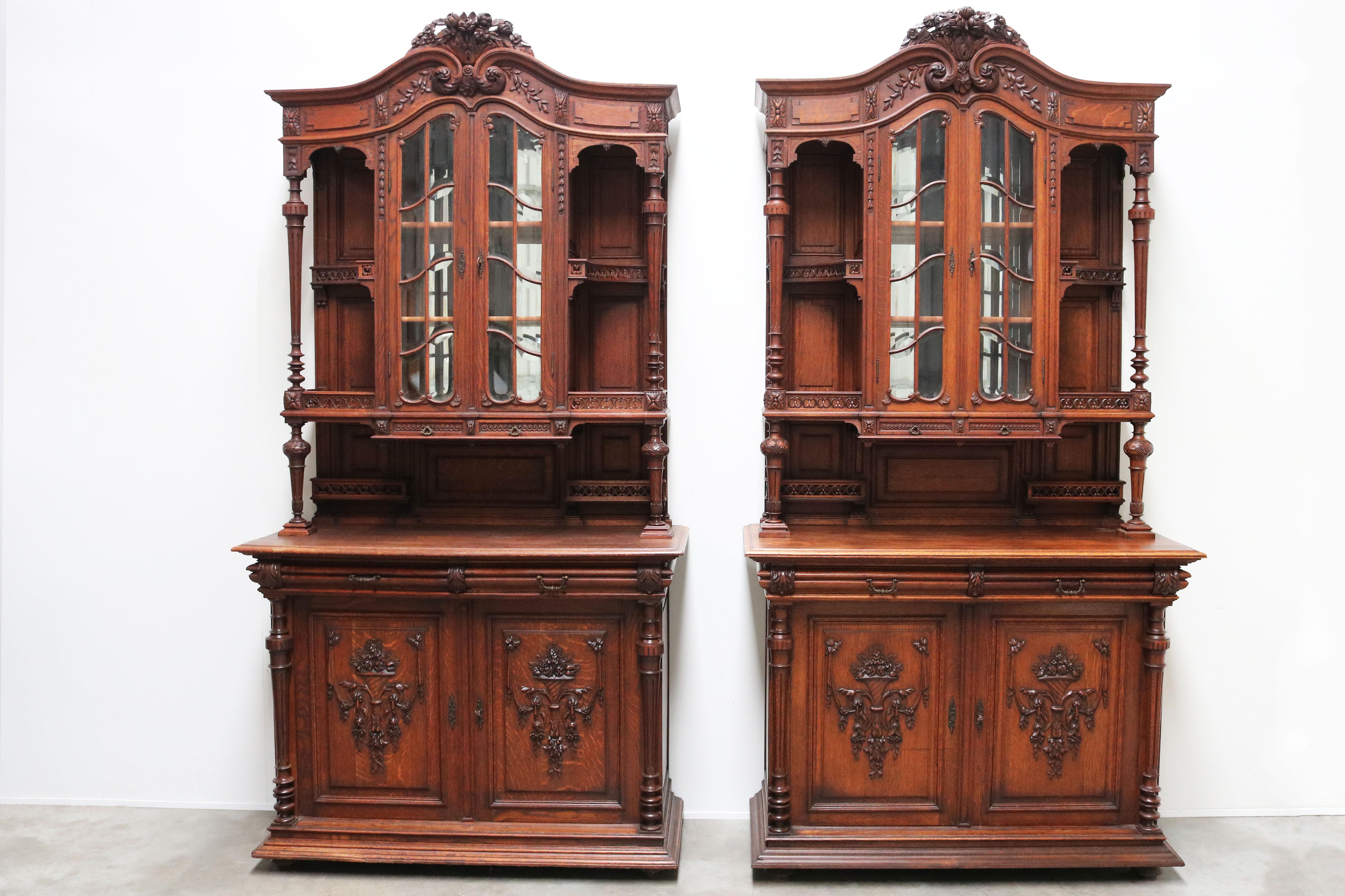 Pair of Large French Antique Renaissance Revival Buffet Cabinet Oak 19th Century For Sale 10