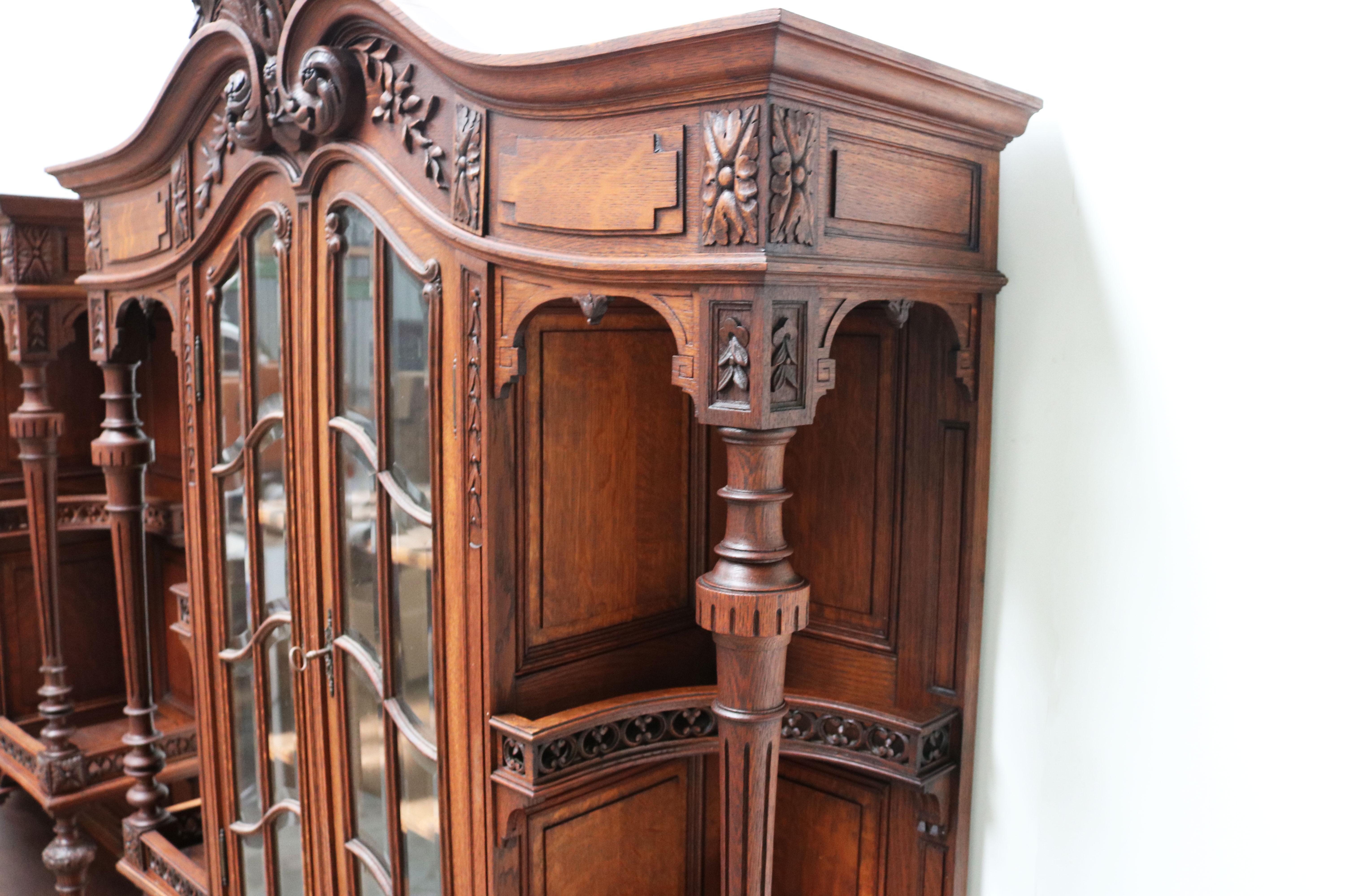 Glass Pair of Large French Antique Renaissance Revival Buffet Cabinet Oak 19th Century For Sale