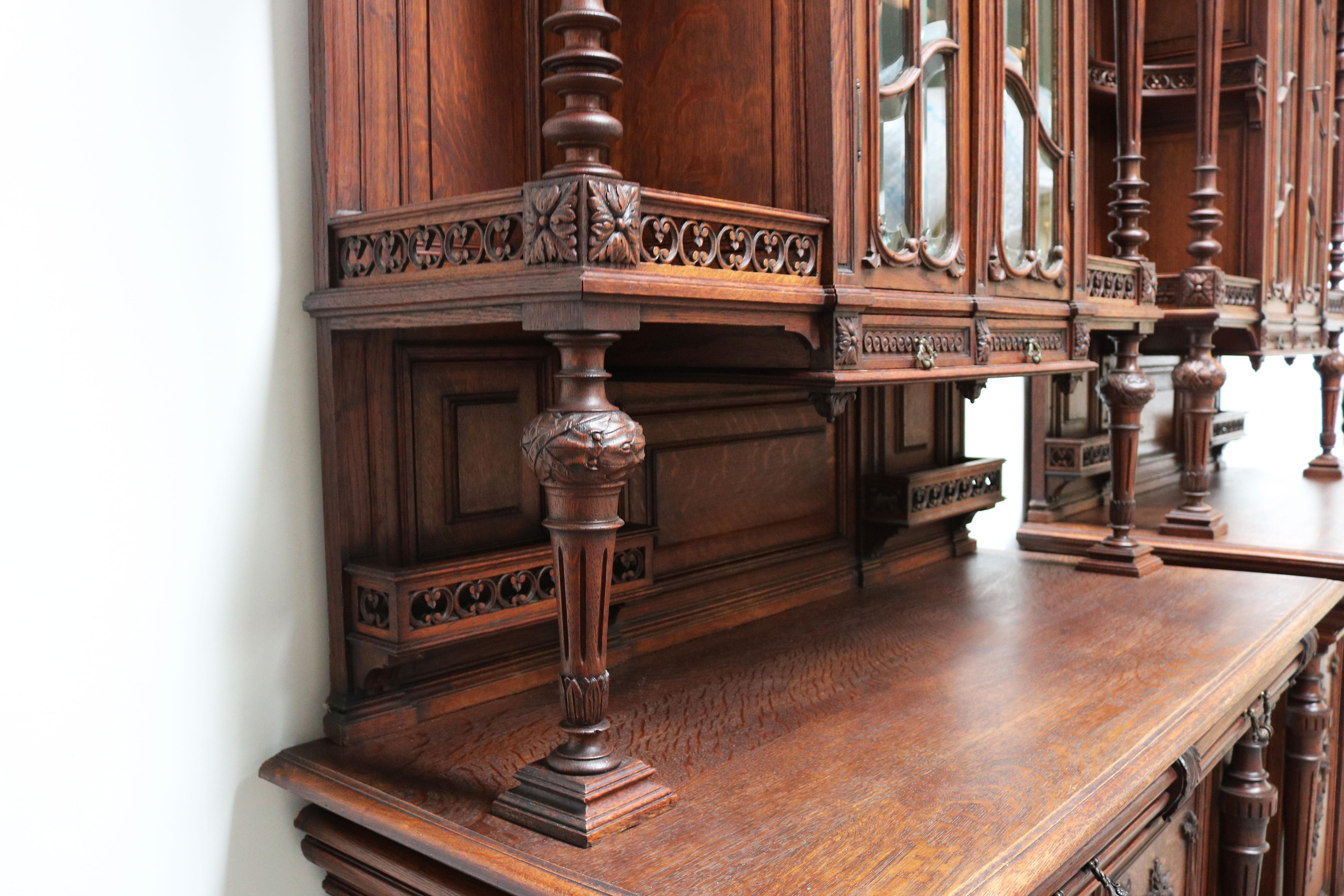 Pair of Large French Antique Renaissance Revival Buffet Cabinet Oak 19th Century For Sale 1