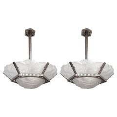 Signed Degué Pair of Large French Art Deco 6 panel art glass nickel chandeliers