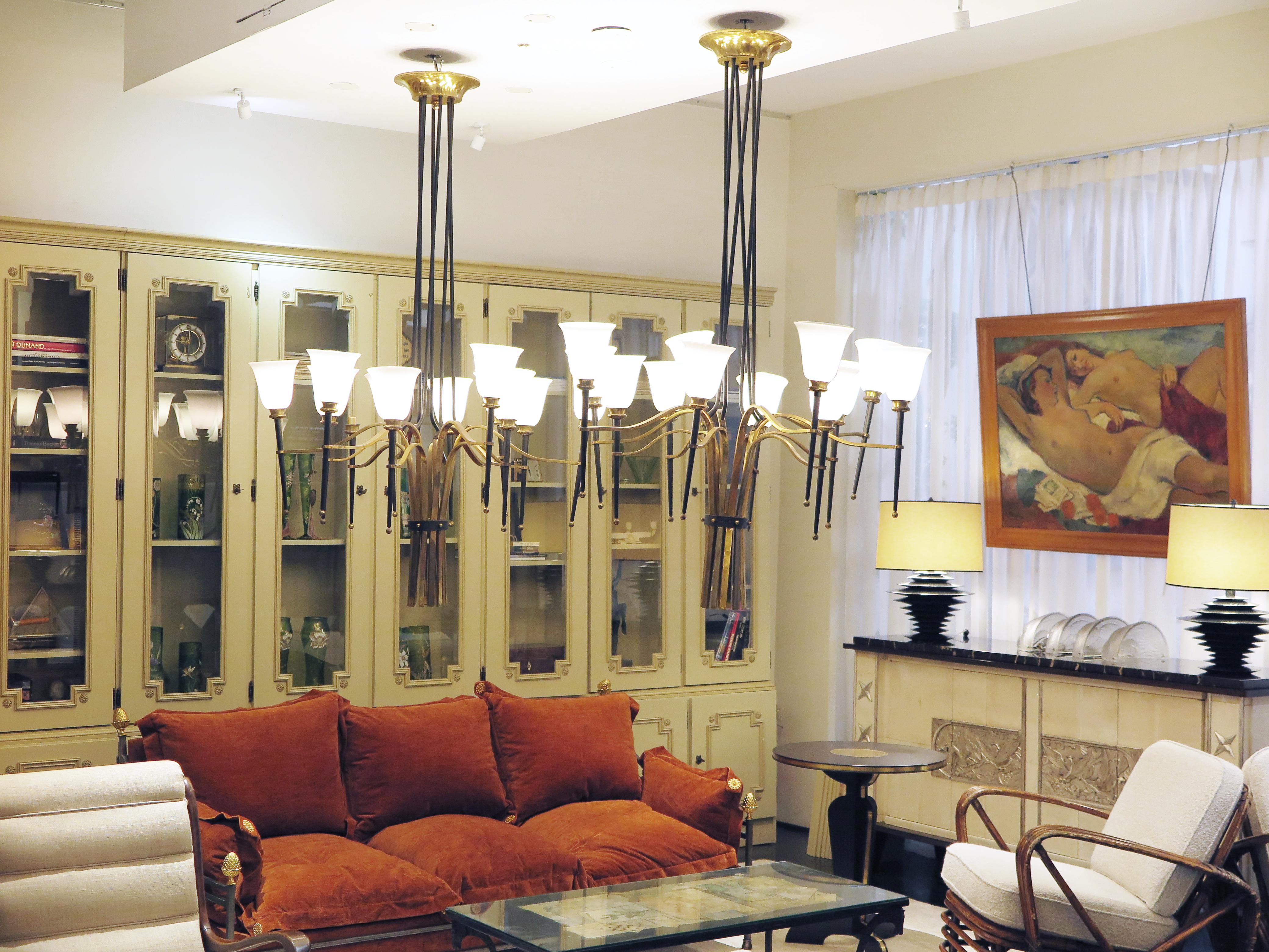 Pair of Large French Art Deco Bronze Chandeliers In Good Condition For Sale In Los Angeles, CA