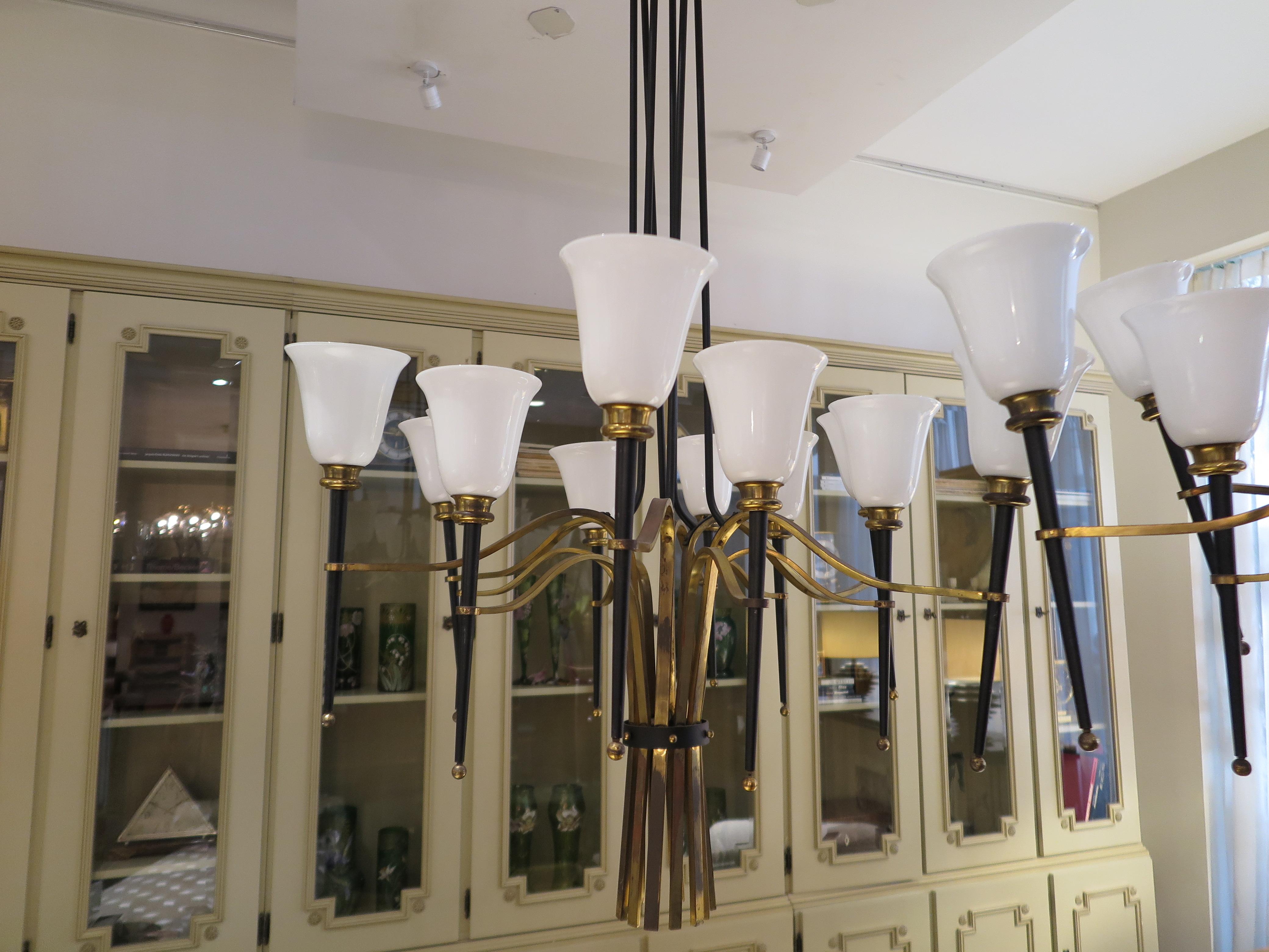 Mid-20th Century Pair of Large French Art Deco Bronze Chandeliers For Sale