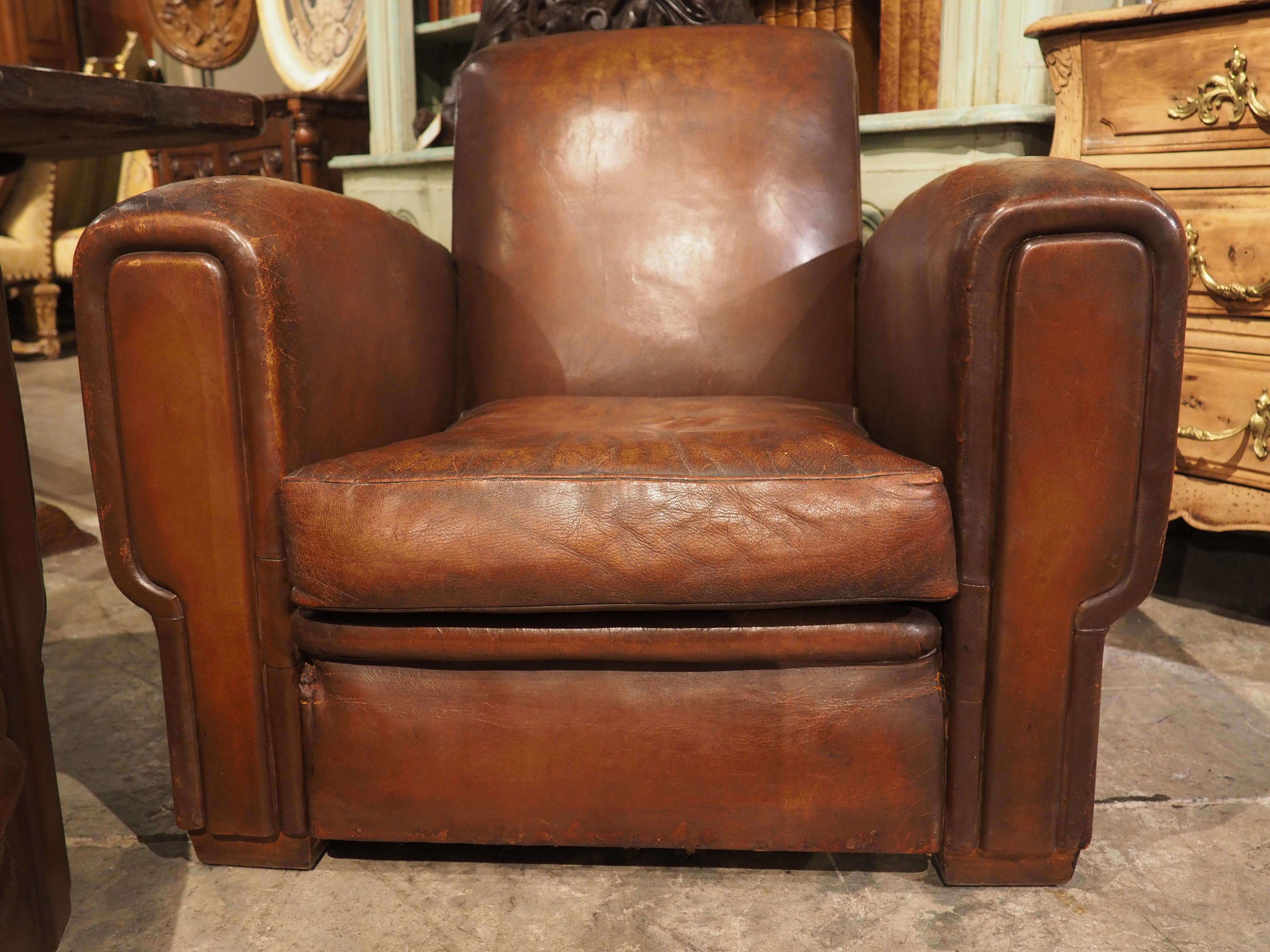 Pair of Large French Art Deco Leather Club Chairs, circa 1930s 5
