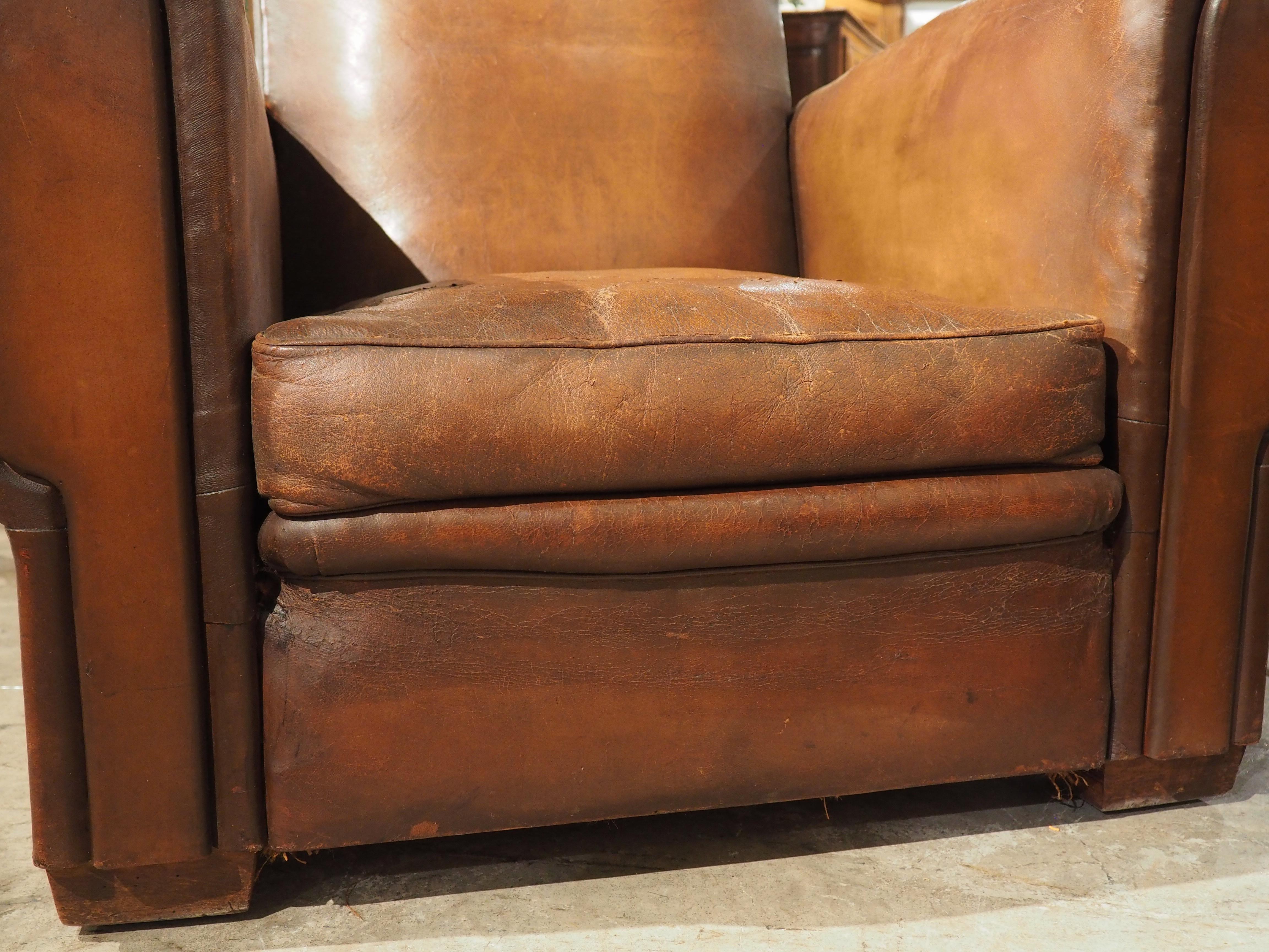 Pair of Large French Art Deco Leather Club Chairs, circa 1930s 8