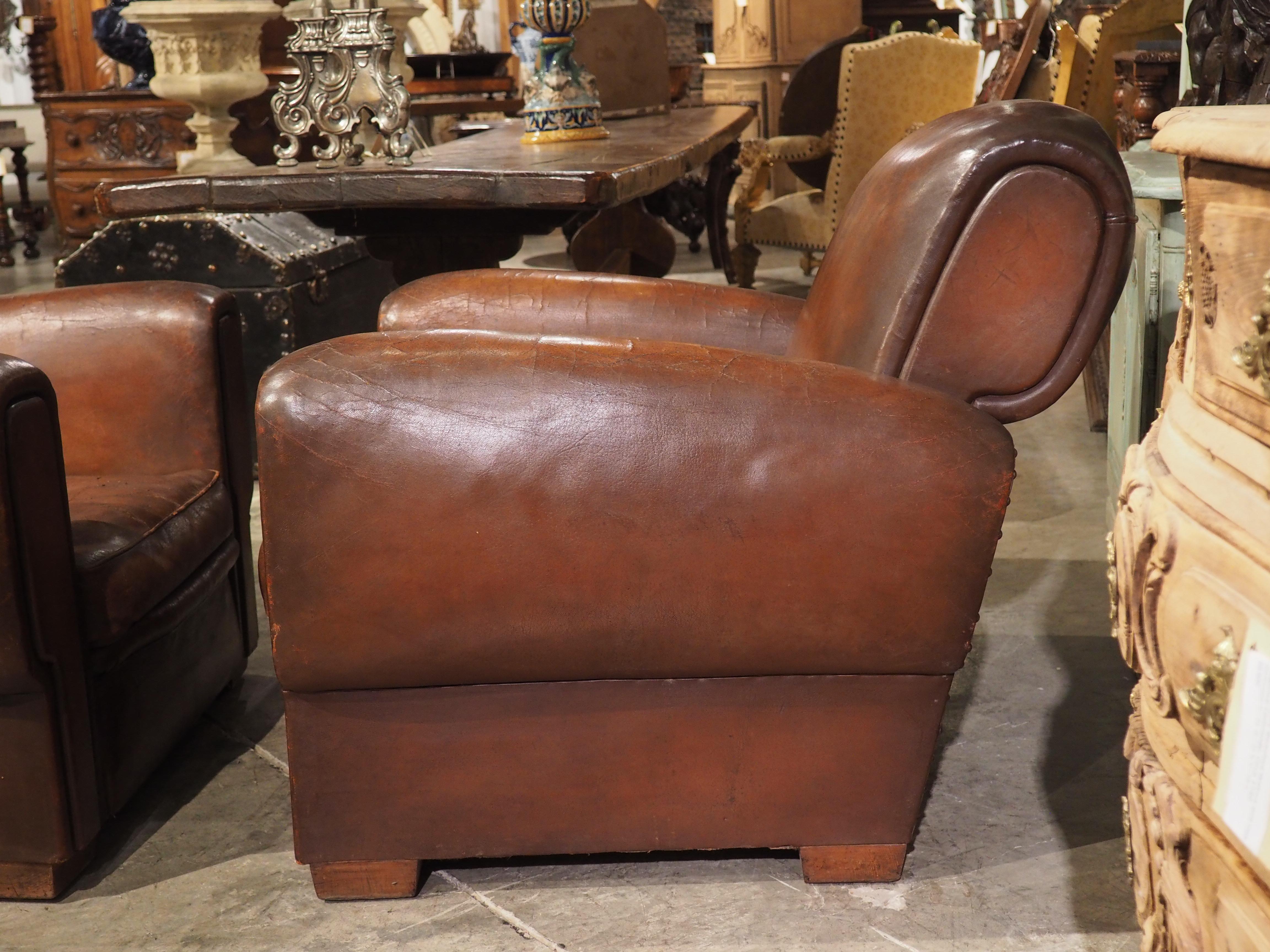 Pair of Large French Art Deco Leather Club Chairs, circa 1930s 10