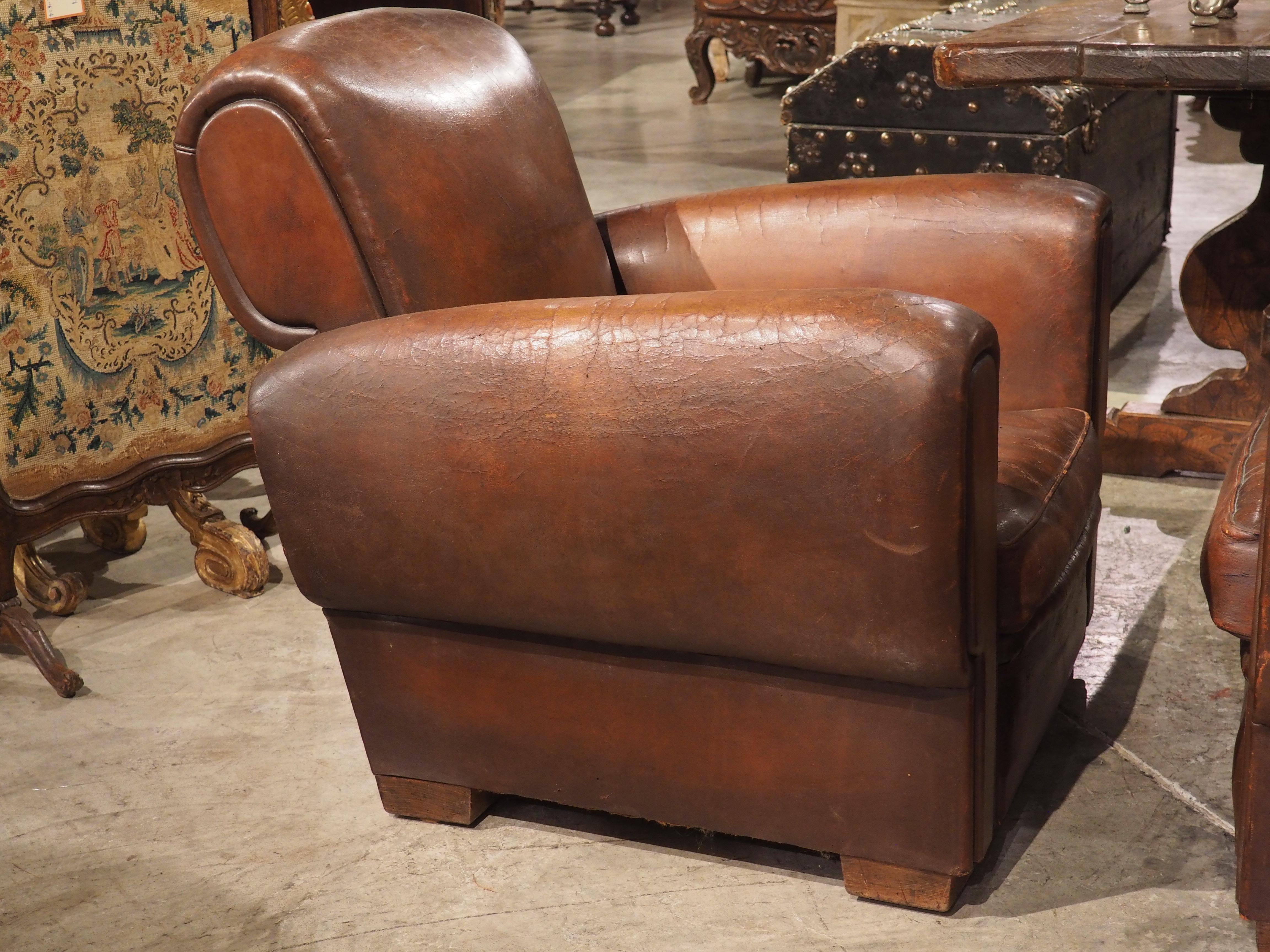 Pair of Large French Art Deco Leather Club Chairs, circa 1930s 11
