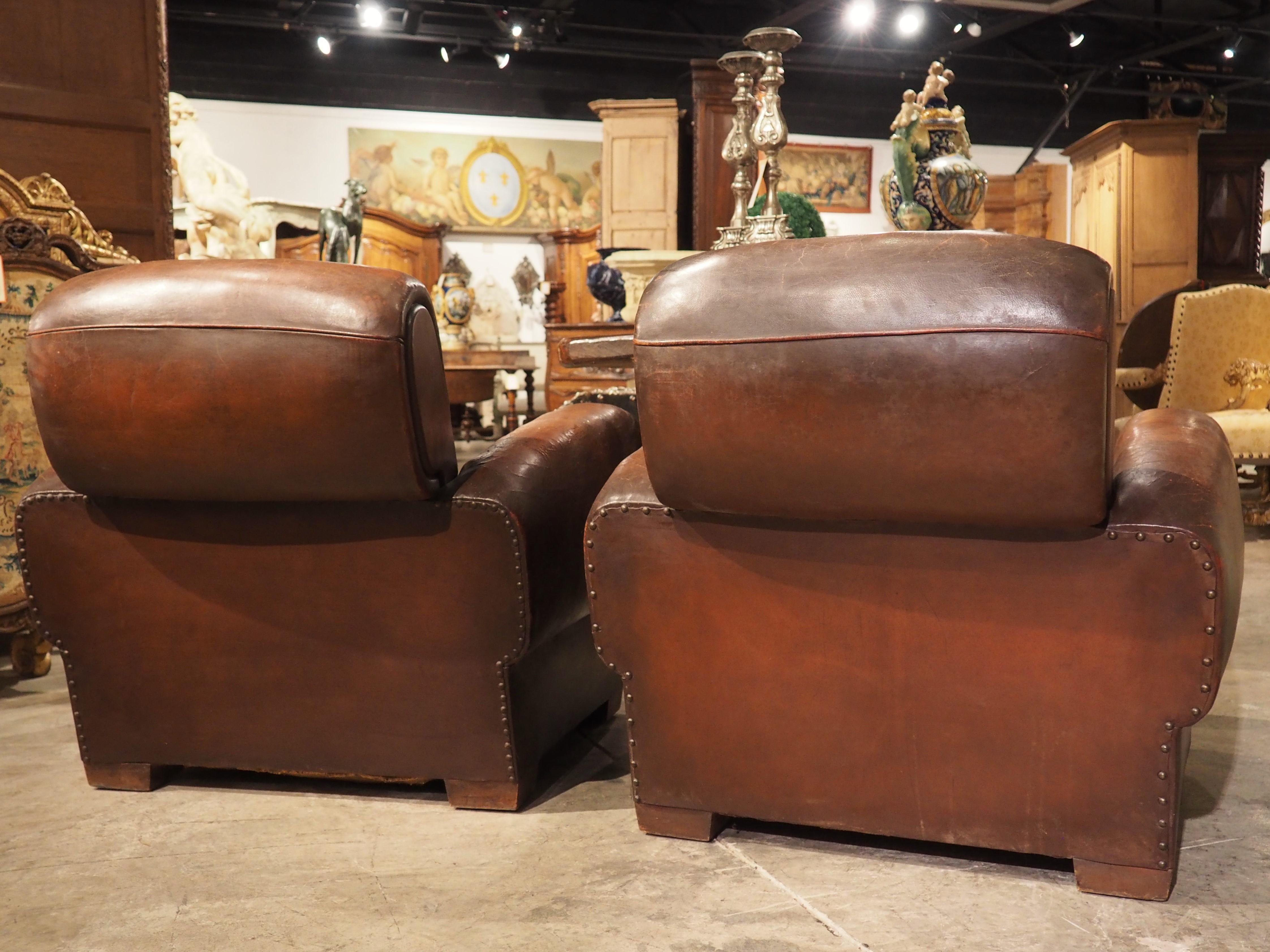 Pair of Large French Art Deco Leather Club Chairs, circa 1930s 12