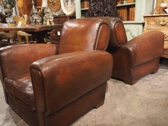 Pair of Large French Art Deco Leather Club Chairs, circa 1930s