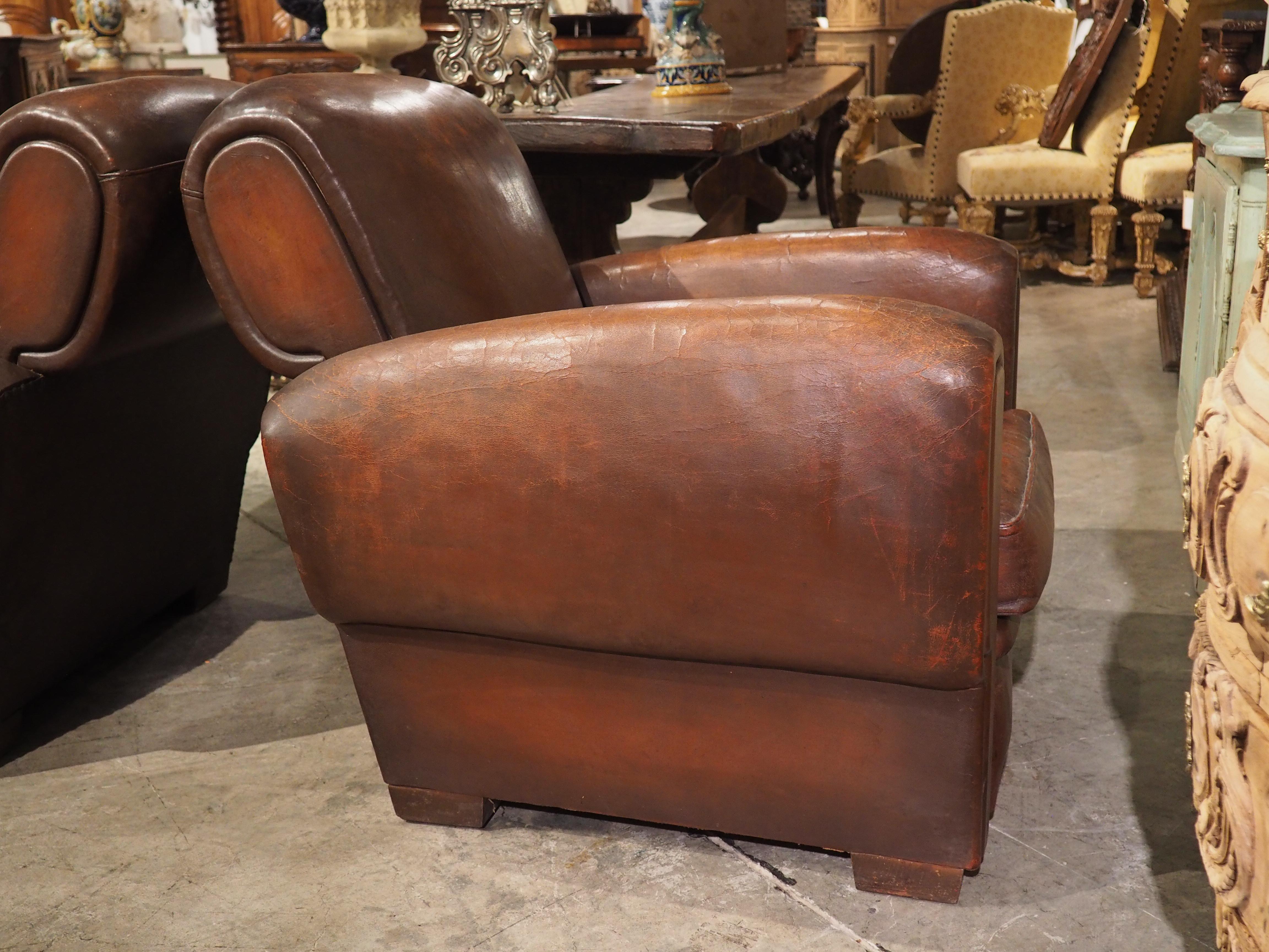 Pair of Large French Art Deco Leather Club Chairs, circa 1930s 15