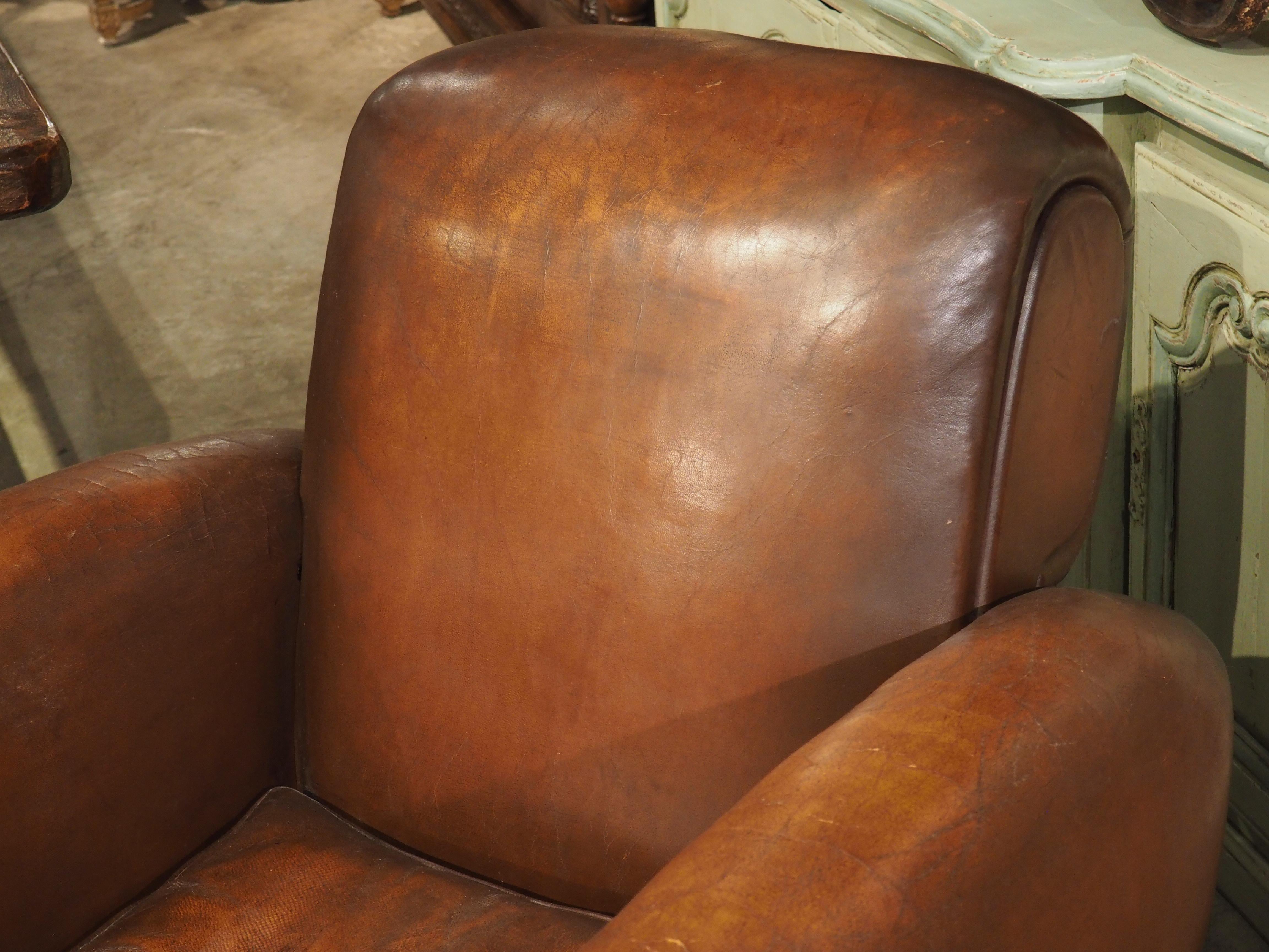 Pair of Large French Art Deco Leather Club Chairs, circa 1930s In Good Condition In Dallas, TX