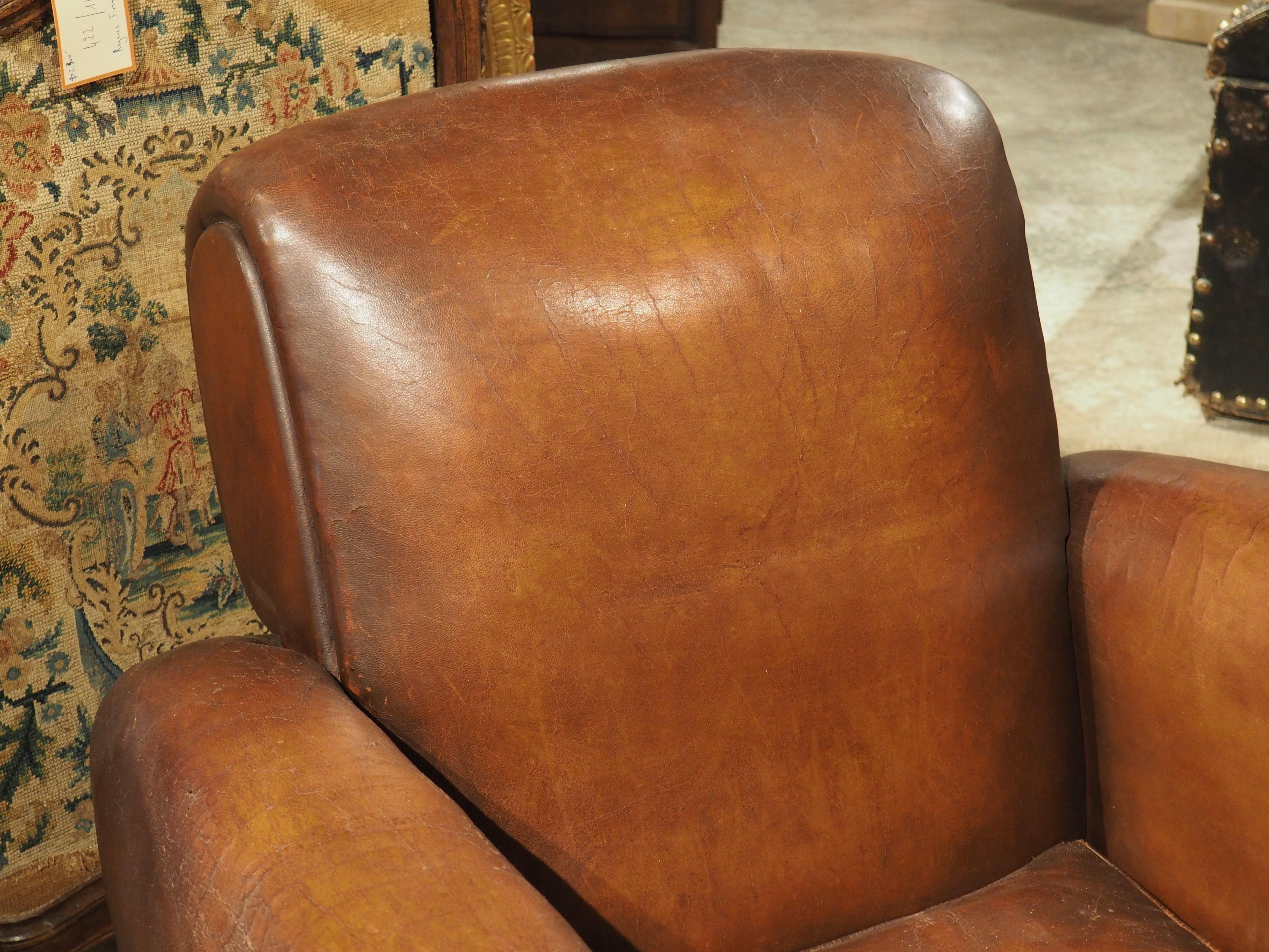 Mid-20th Century Pair of Large French Art Deco Leather Club Chairs, circa 1930s