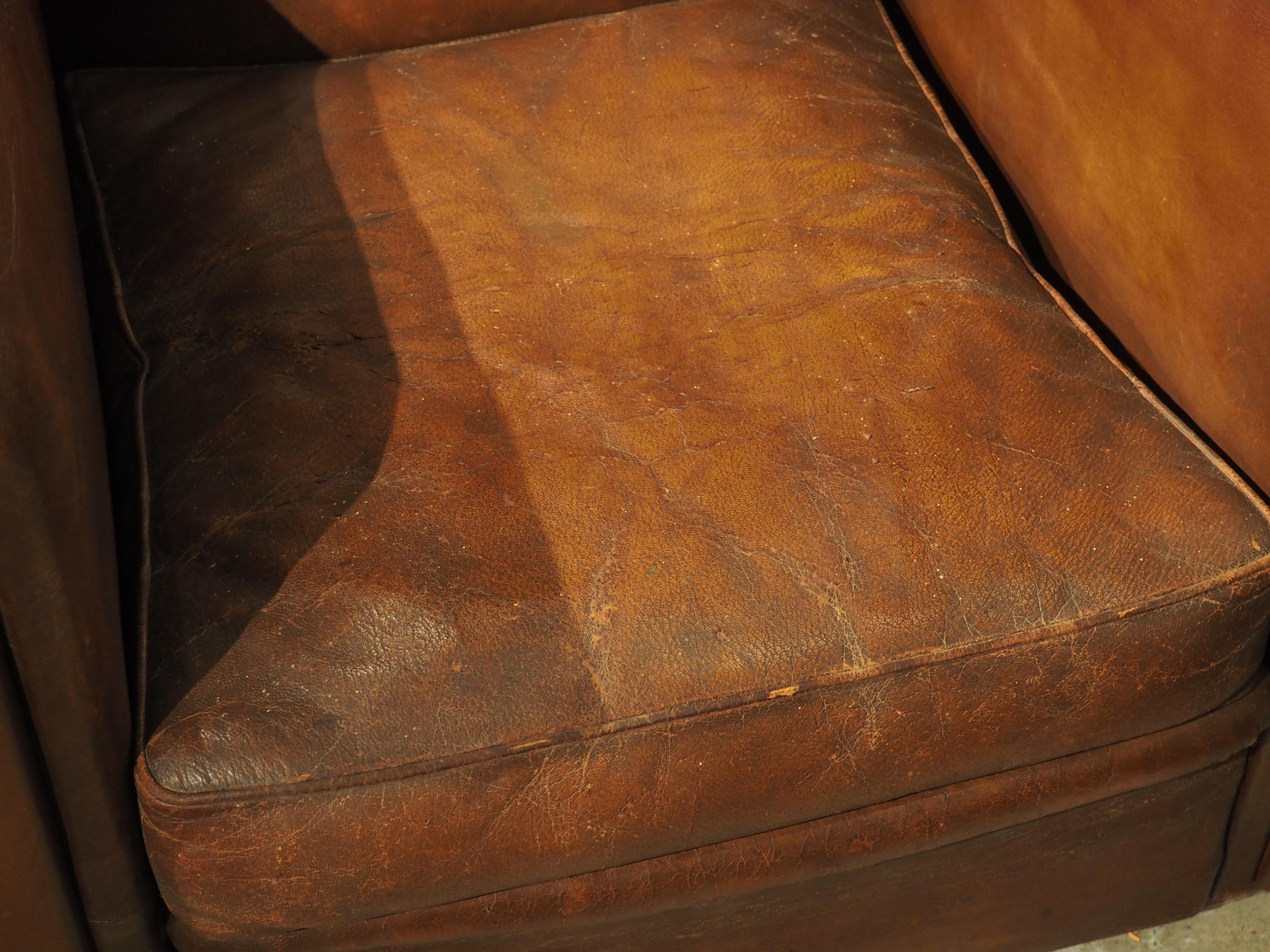 Pair of Large French Art Deco Leather Club Chairs, circa 1930s 1